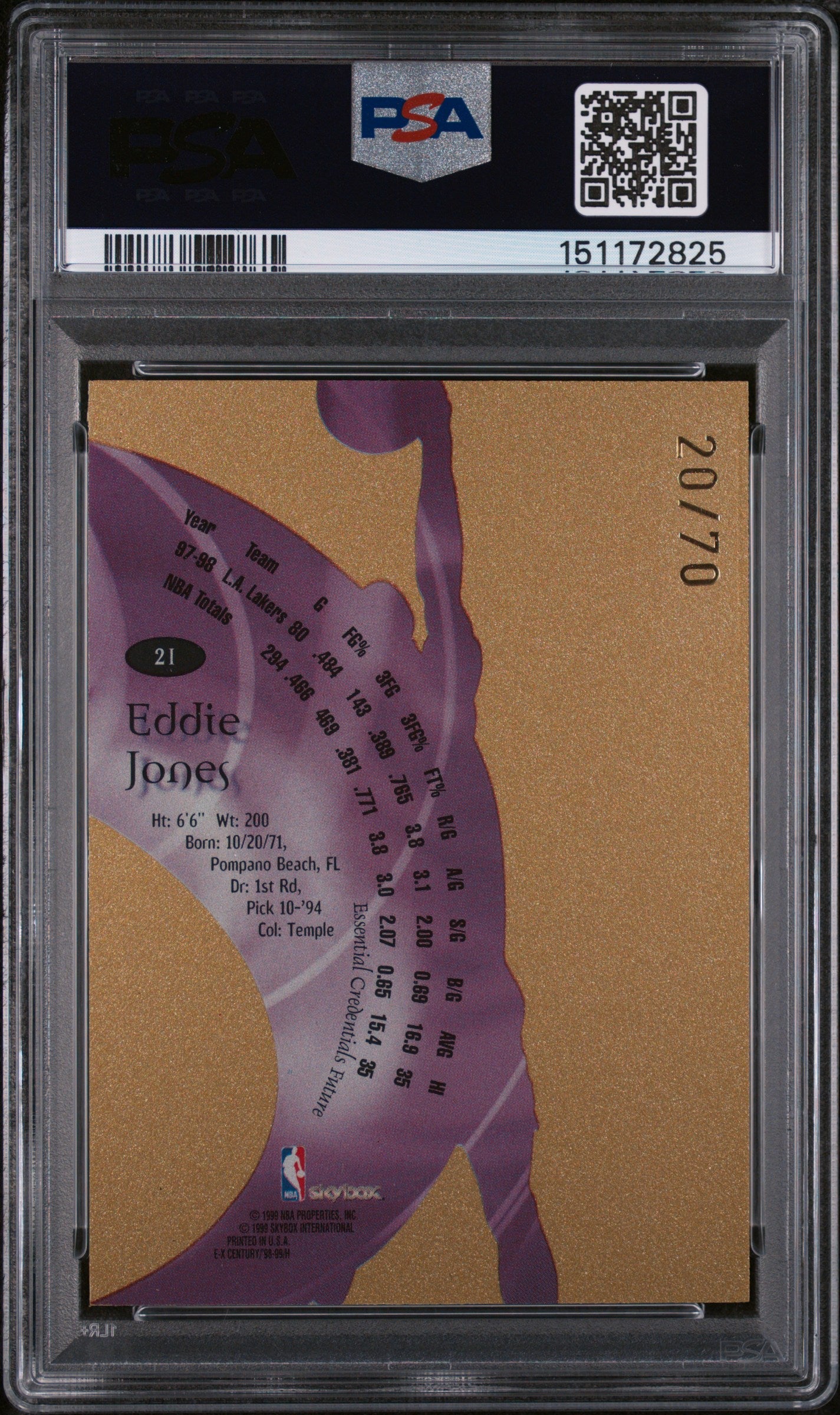 1998 Skybox E-X Century Essential Credentials Future Eddie Jones #21 /70 PSA 9