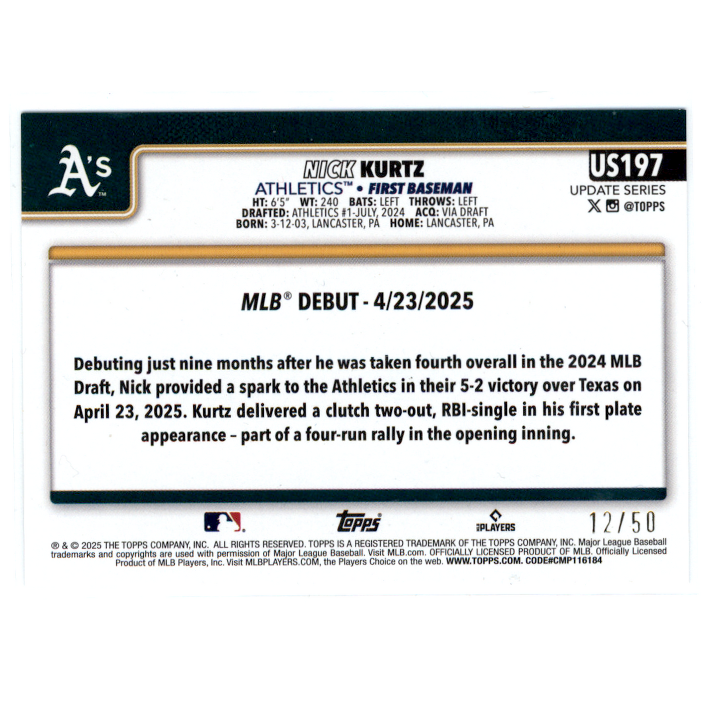 2025 Topps Update Series Nick Kurtz #US197 Gold Foil