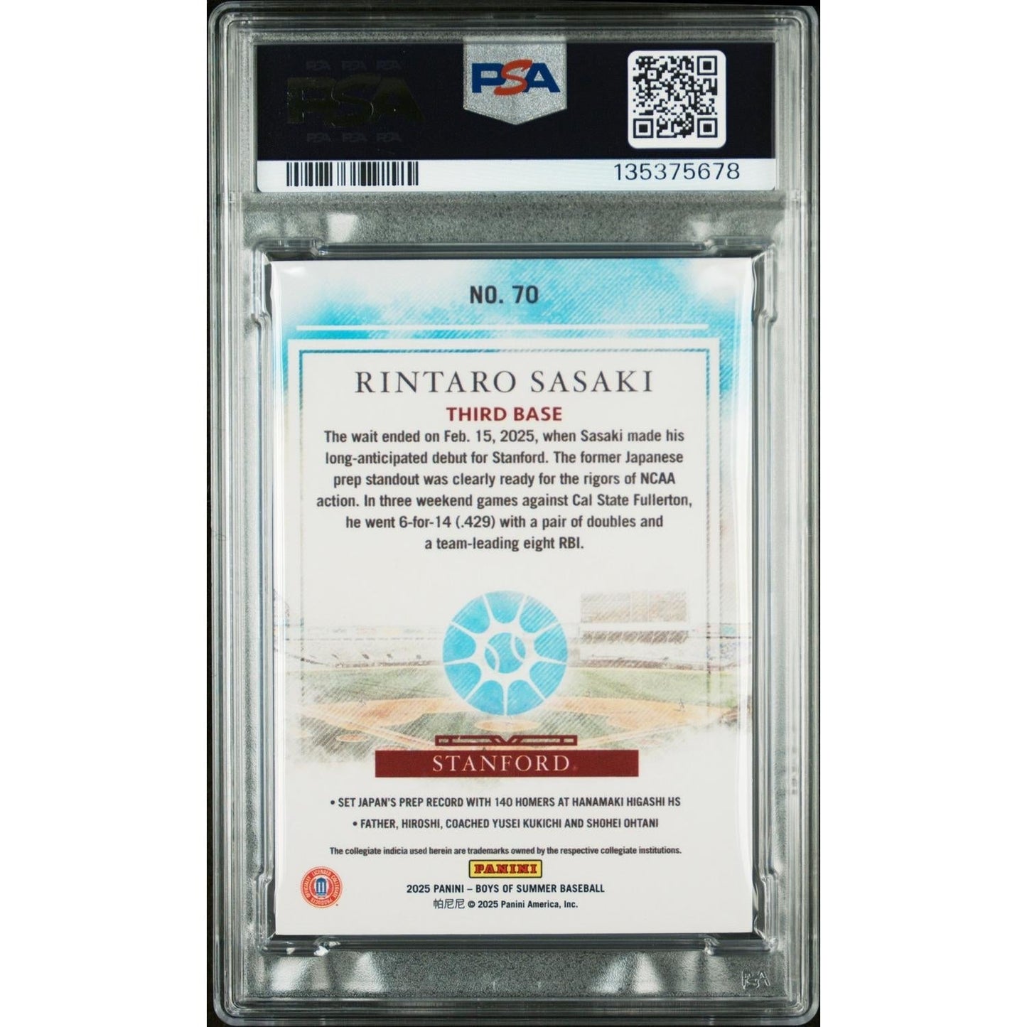 2025 Panini Boys Of Summer Rintaro Sasaki #70 Emerald PSA 9