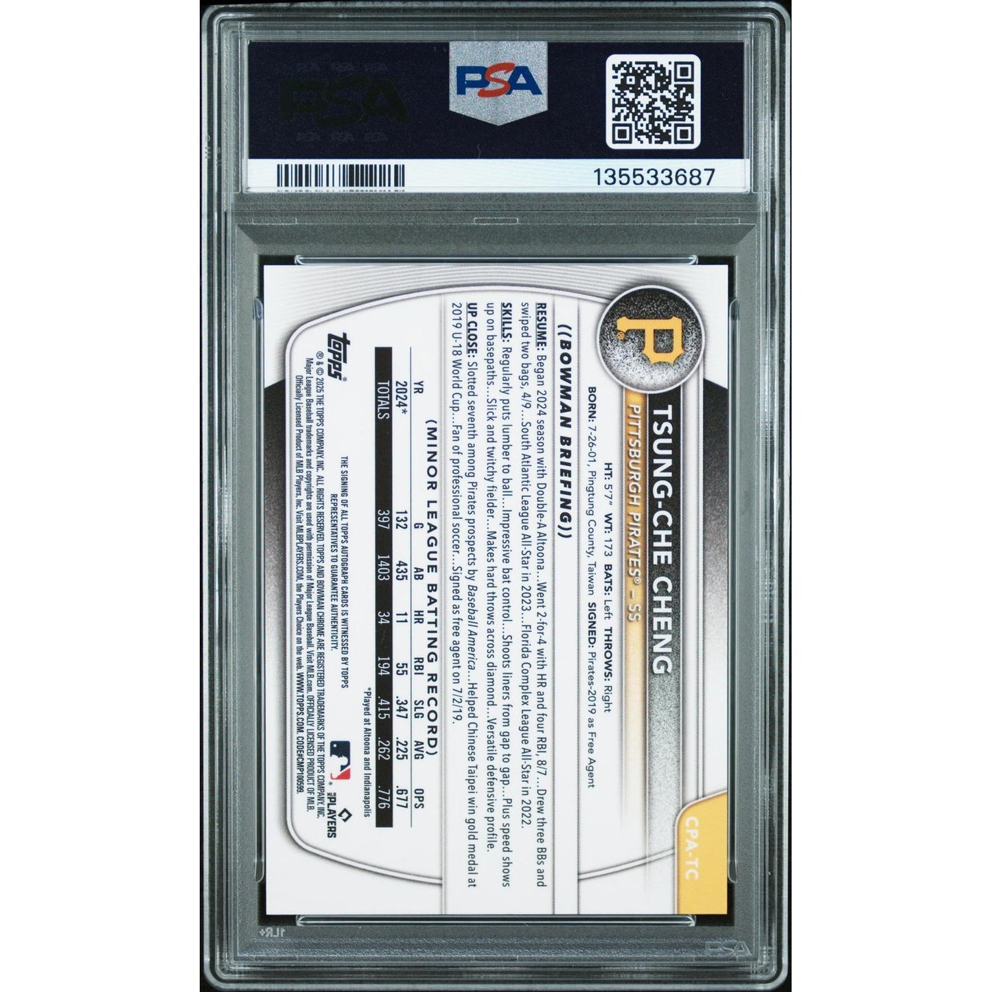 2025 Bowman Chrome Prospect Autographs Tsung-Che Cheng #CPATC Org Reptilian PSA 9
