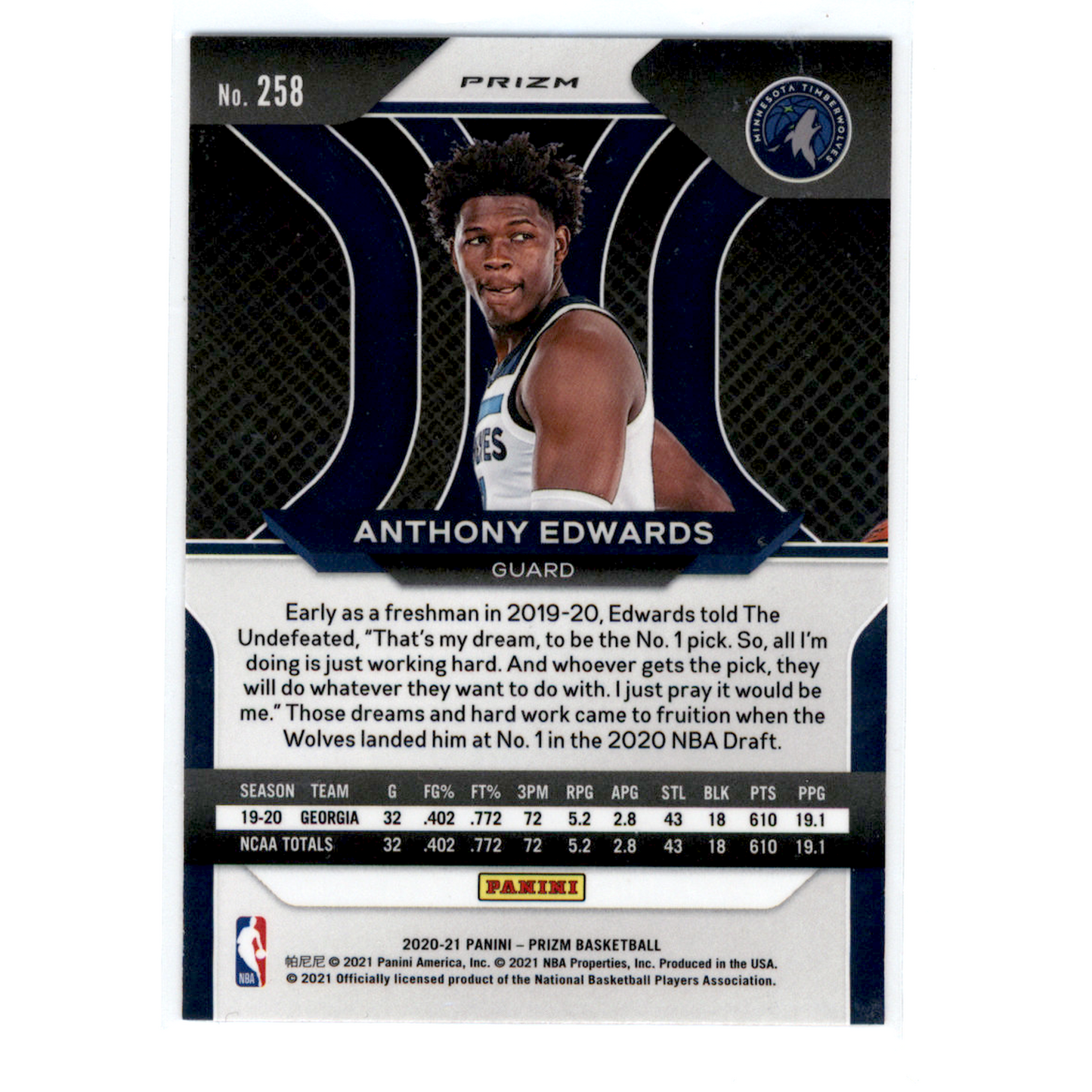 2021 Panini Prizm Anthony Edwards #258 Pink Ice