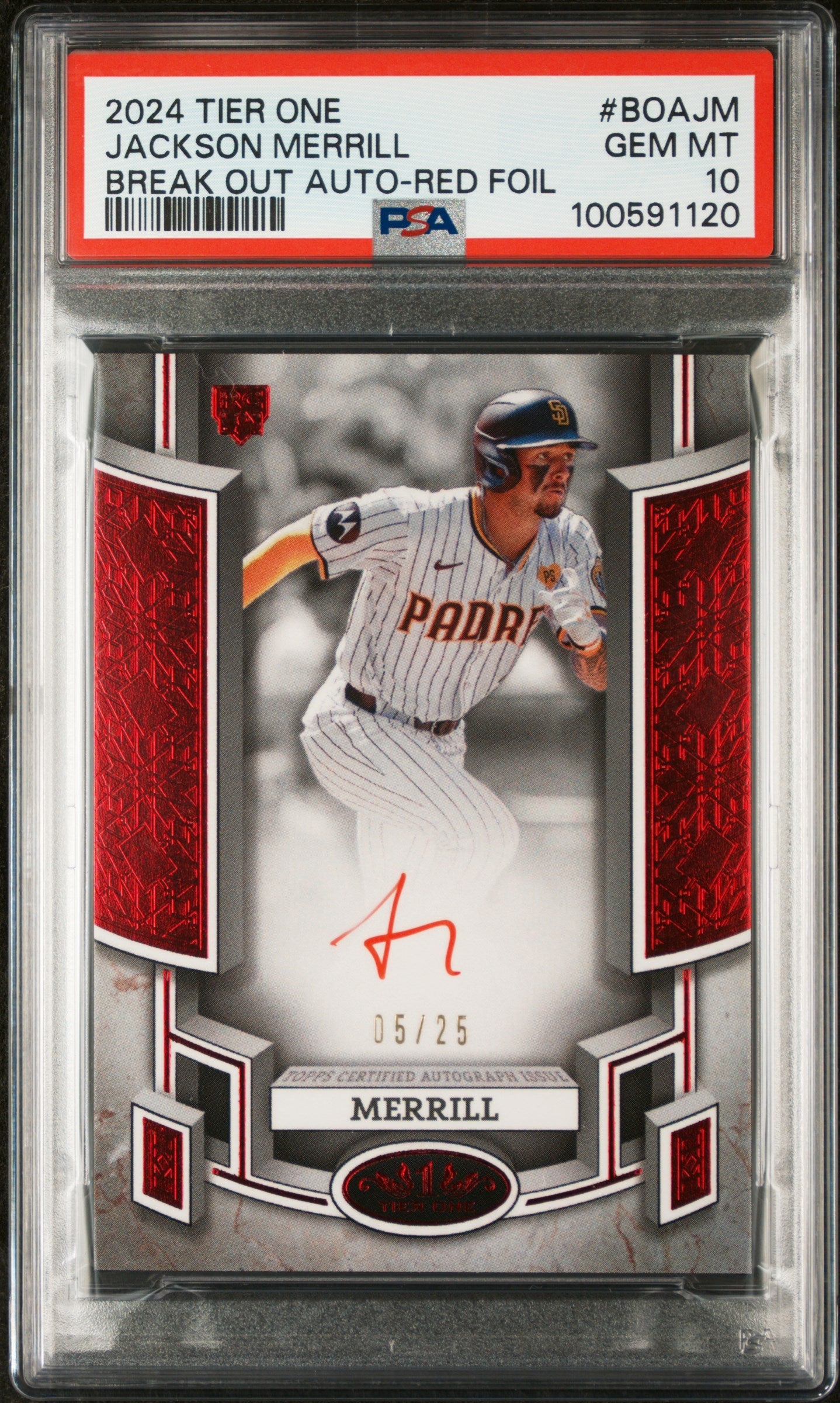 2024 Topps Tier One Red Foil Jackson Merrill #BOAJM Auto /25 PSA 10