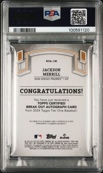 2024 Topps Tier One Red Foil Jackson Merrill #BOAJM Auto /25 PSA 10