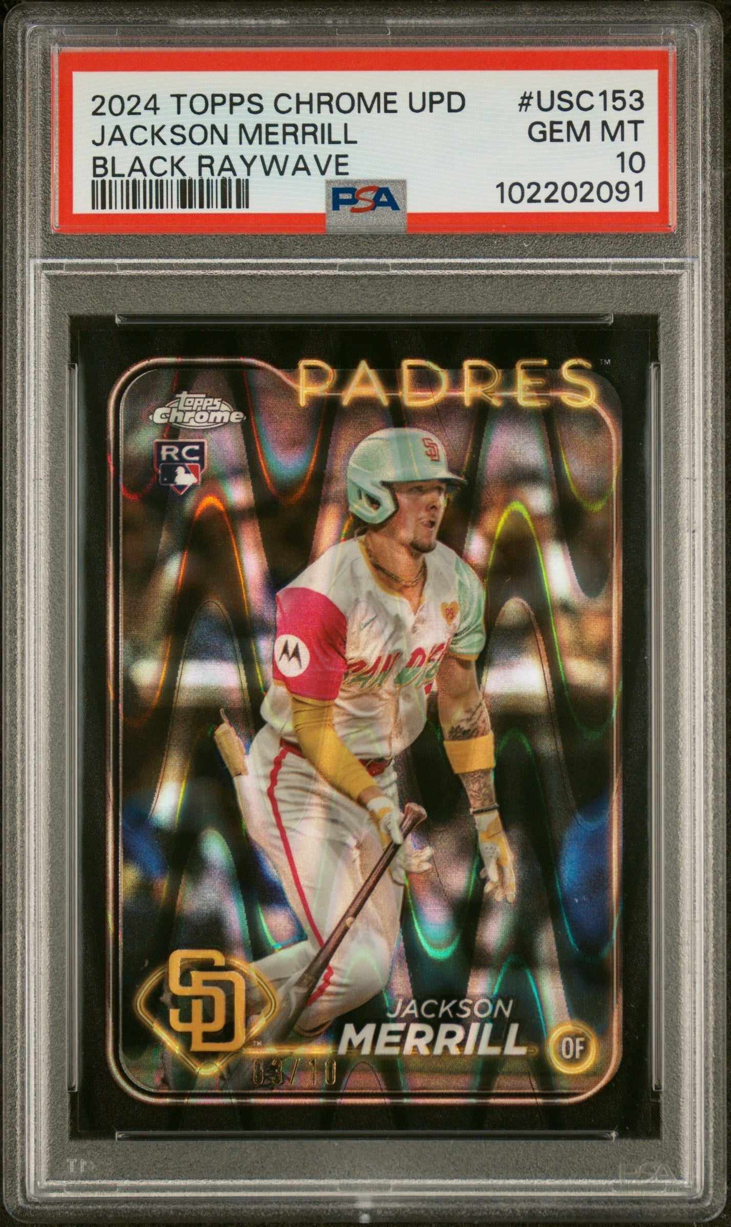 2024 Topps Chrome Update Black RayWave Jackson Merrill #USC153 RC /10 PSA 10