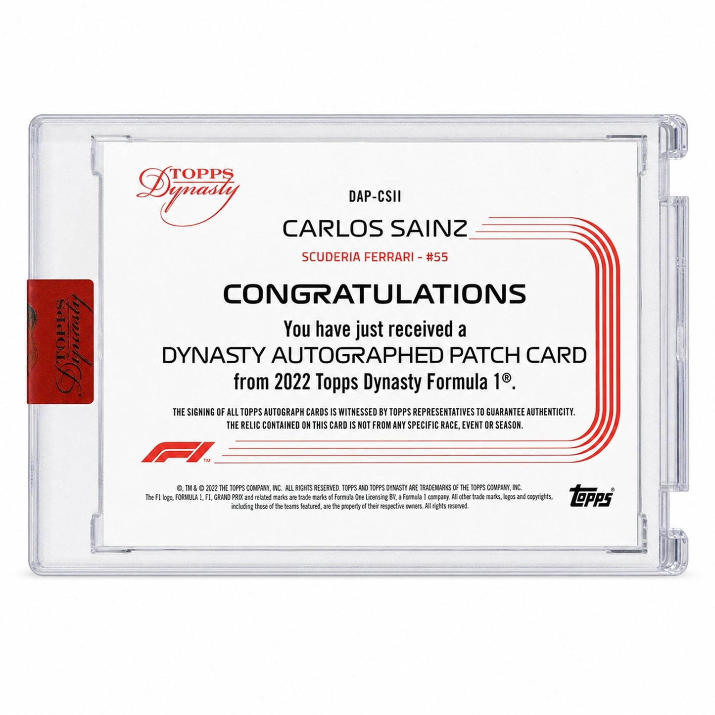 2022 Topps Dynasty F1 Carlos Sainz Ray Ban Patch Auto /10