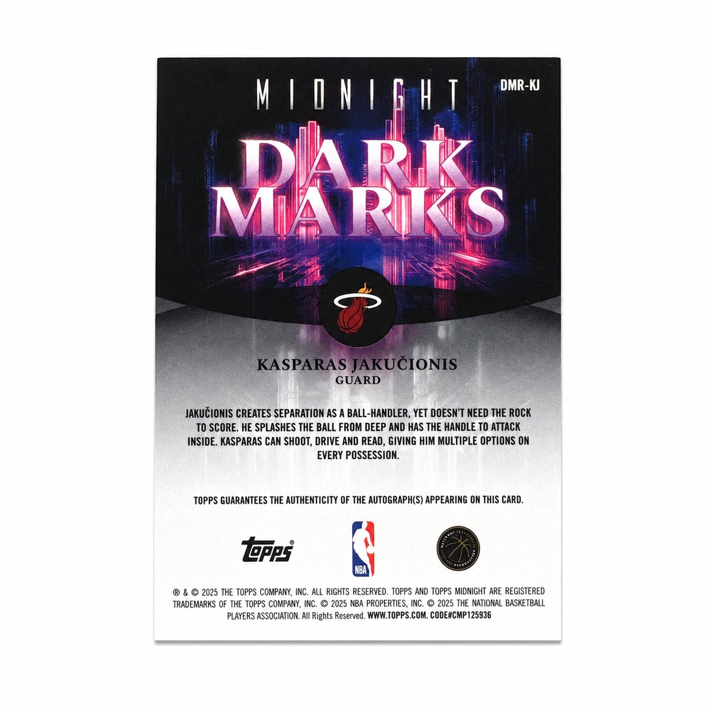 2025 Topps Midnight Kasparas Jakučionis Rookie RC 1/1 Auto Dark Marks