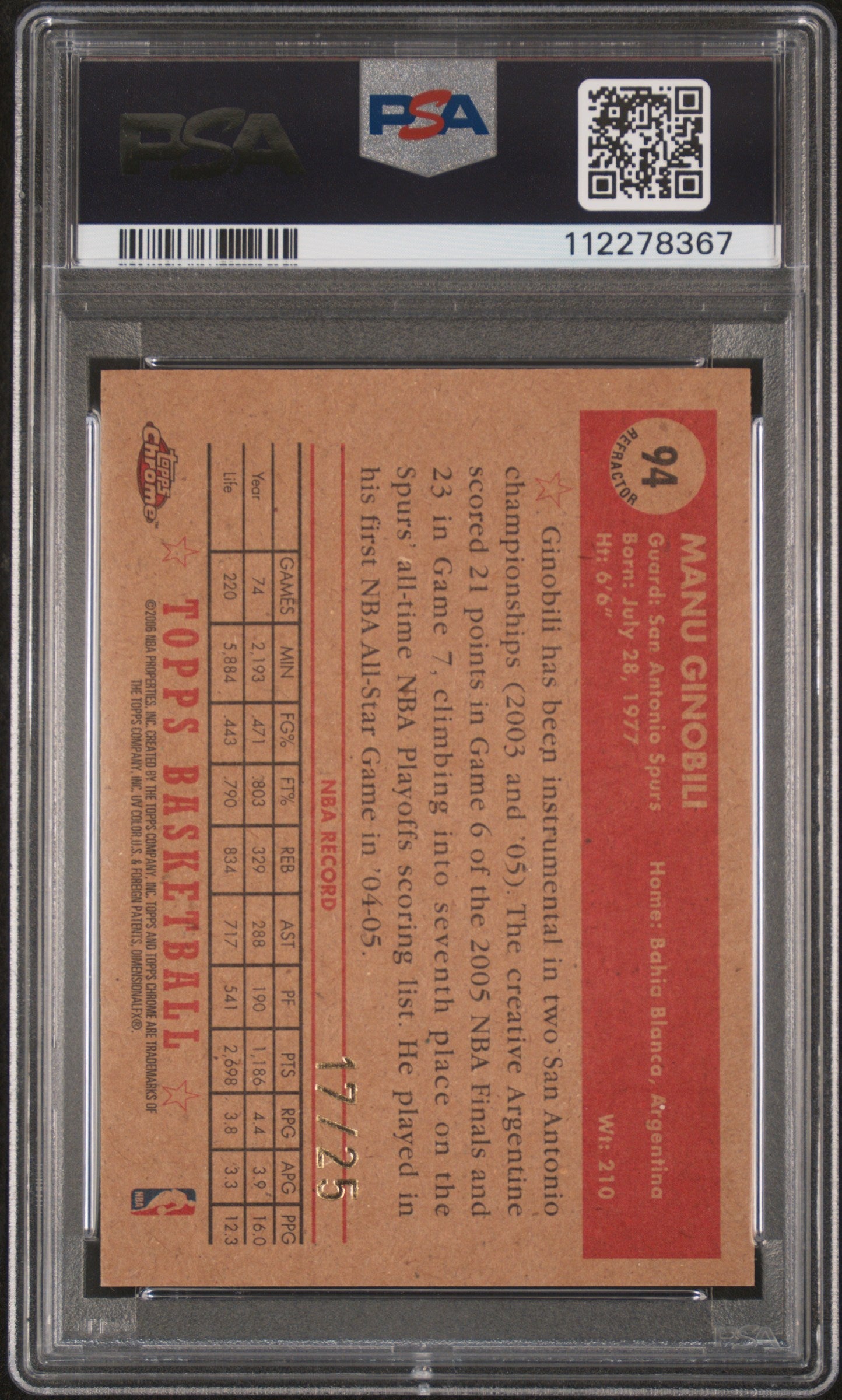 2005 Topps Style Chrome Gold Refractor Manu Ginobili #94 /25 PSA 8 112278367