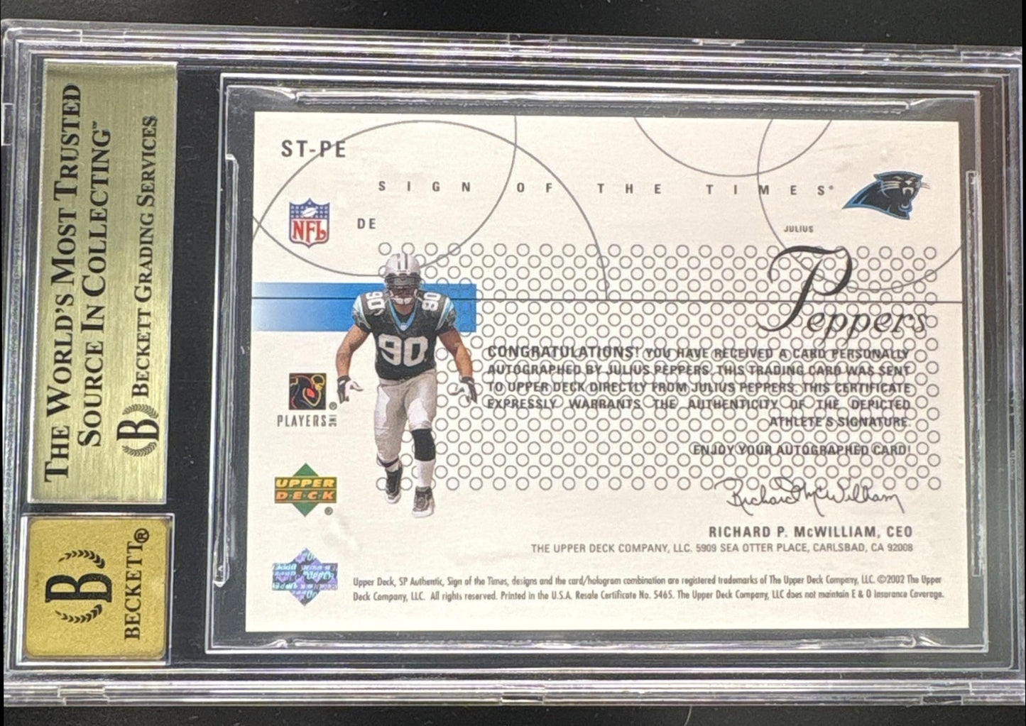 2002 SP Authentic Julius Peppers Rookie Sign of the Times Auto 10 BGS 9.5