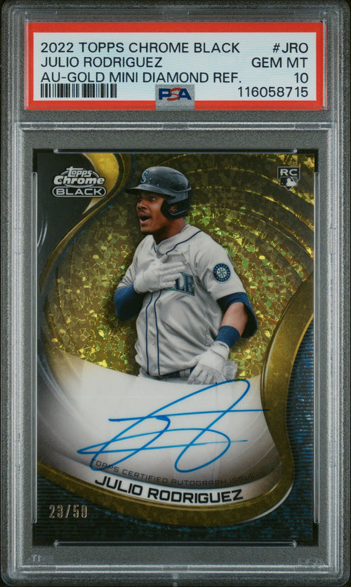 2022 Topps Chrome Black Autograph Gold Mini Diamond Refractor Julio Rodriguez #CBAJRO /50 PSA 10