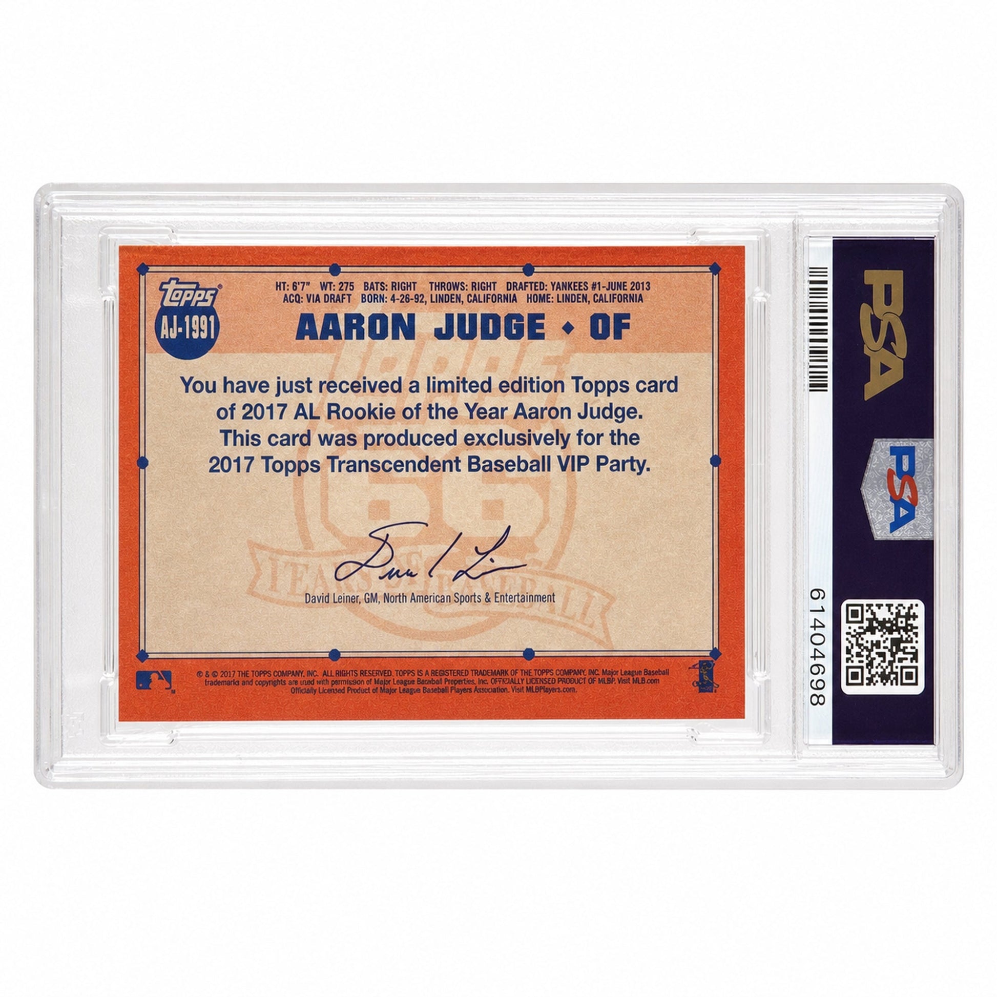 2017 Topps Transcendent Collection Topps History Aaron Judge Aaron Judge #1991 /87 PSA 9