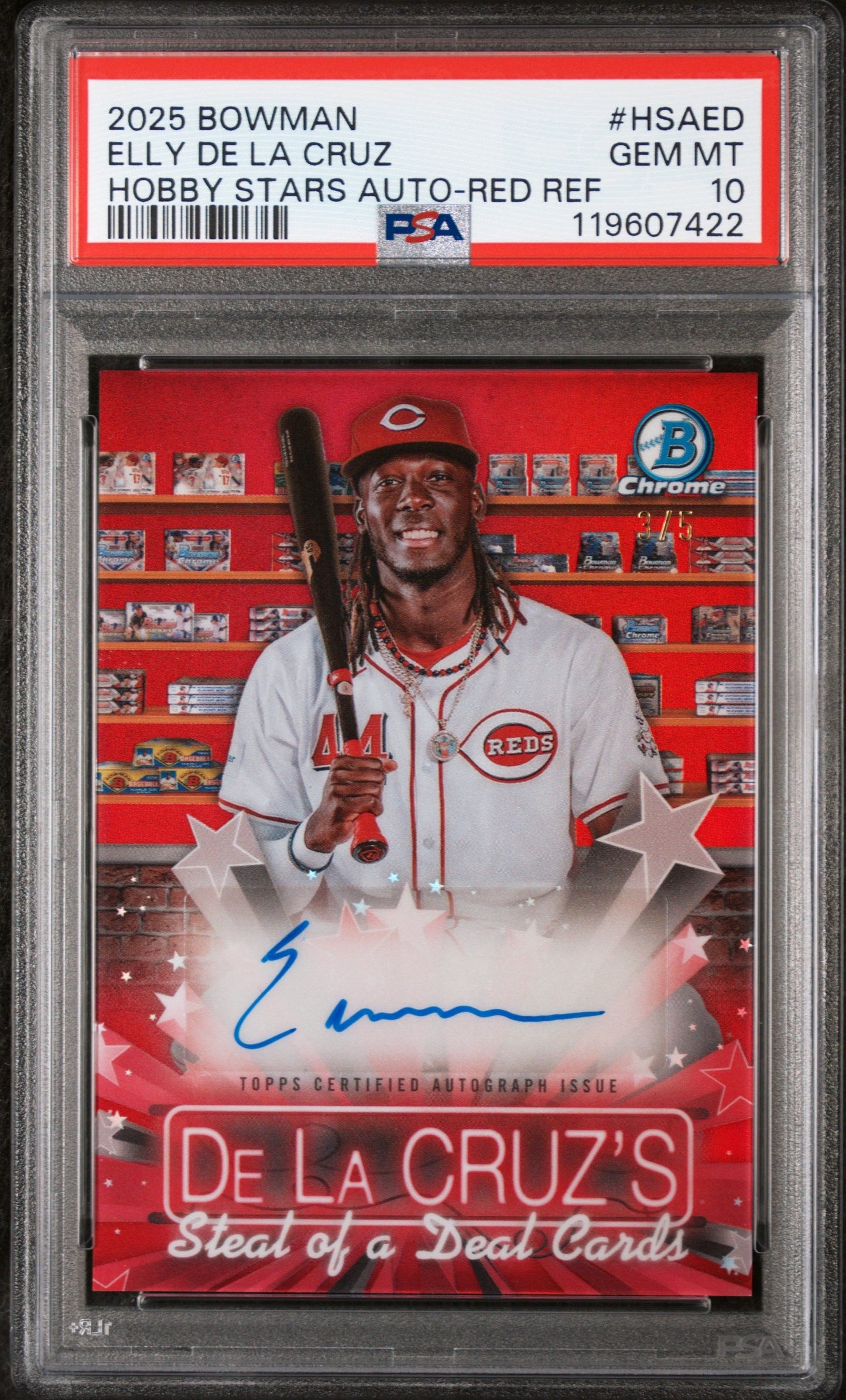 2025 Bowman Hobby Stars Autographs Red Refractor Elly De La Cruz #HSAED /5 PSA 10