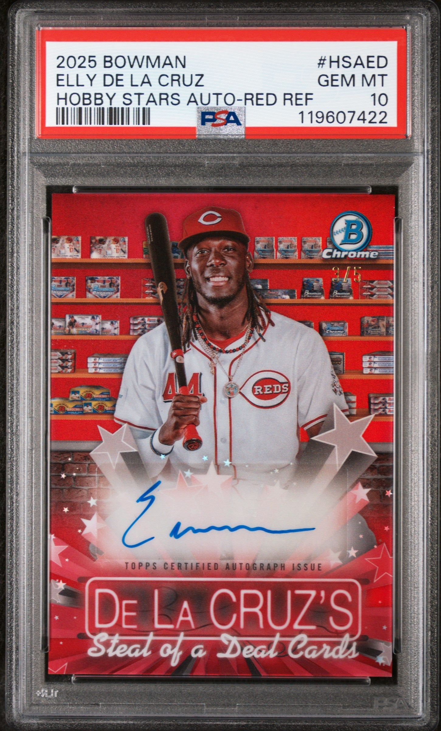 2025 Bowman Hobby Stars Autographs Red Refractor Elly De La Cruz #HSAED /5 PSA 10