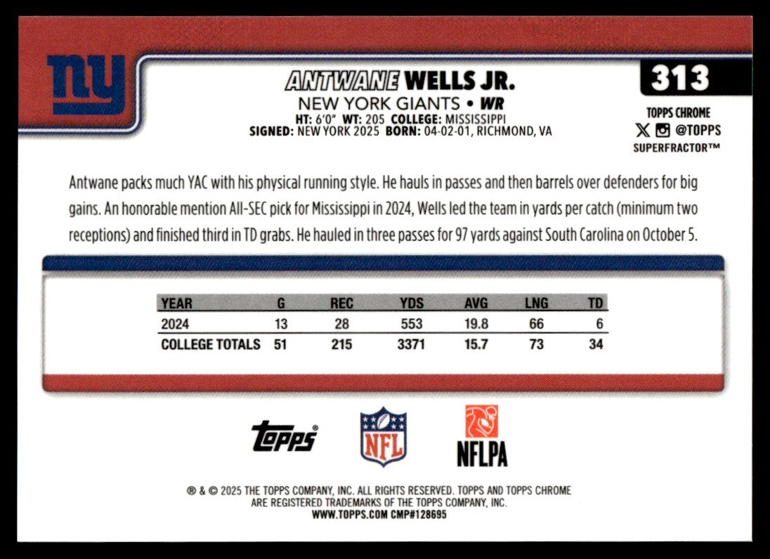 2025 Topps Chrome #313 Antwane Wells Jr. Rookie Gold Etch SuperFractor 1/1