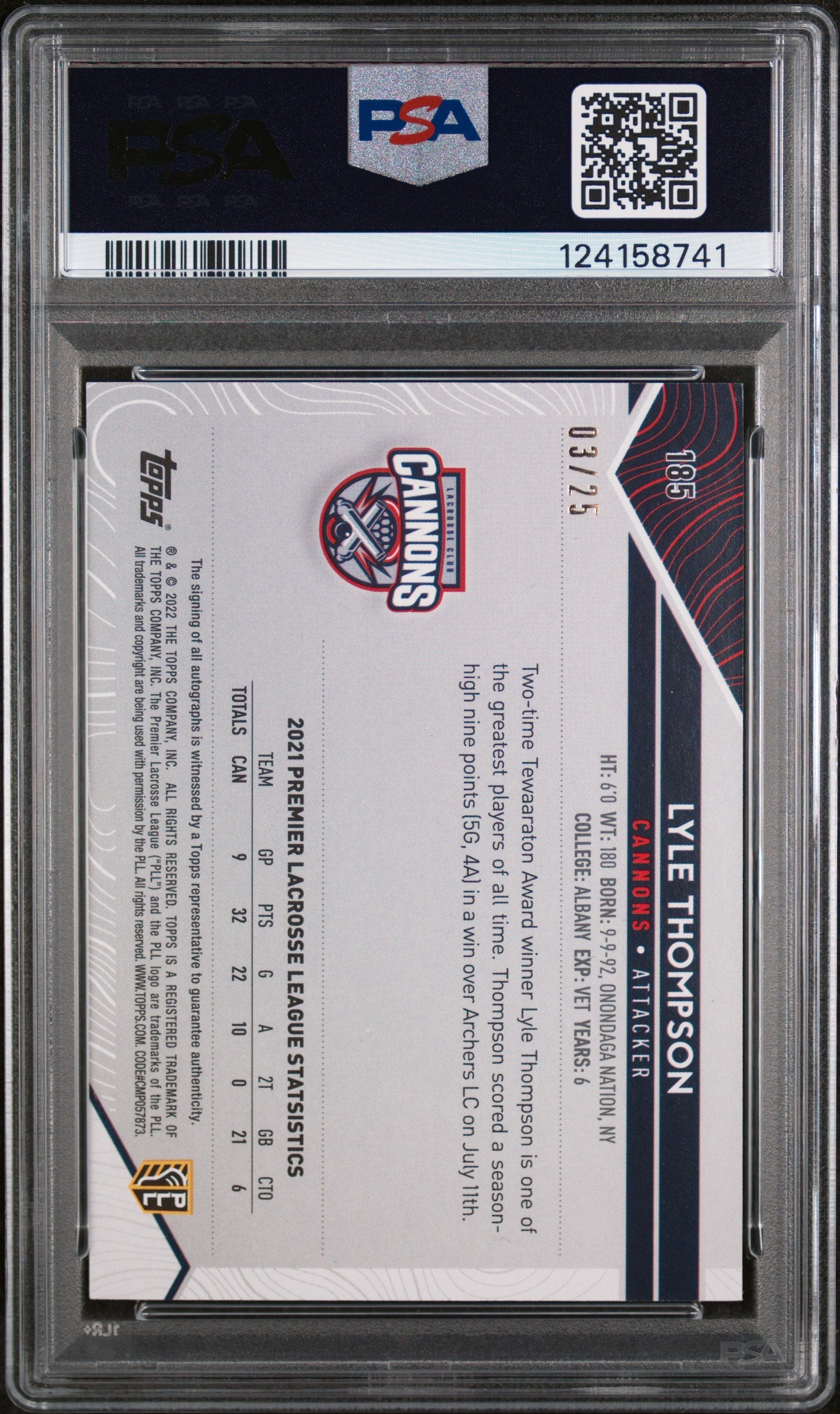 2022 Topps PLL Icy Orange Lyle Thompson #185 Auto /25 PSA 10 124158741
