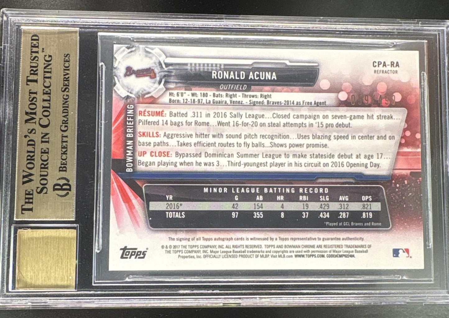 2017 Bowman Chrome Ronald Acuna 1st Refractor Auto /499 BGS 9.5