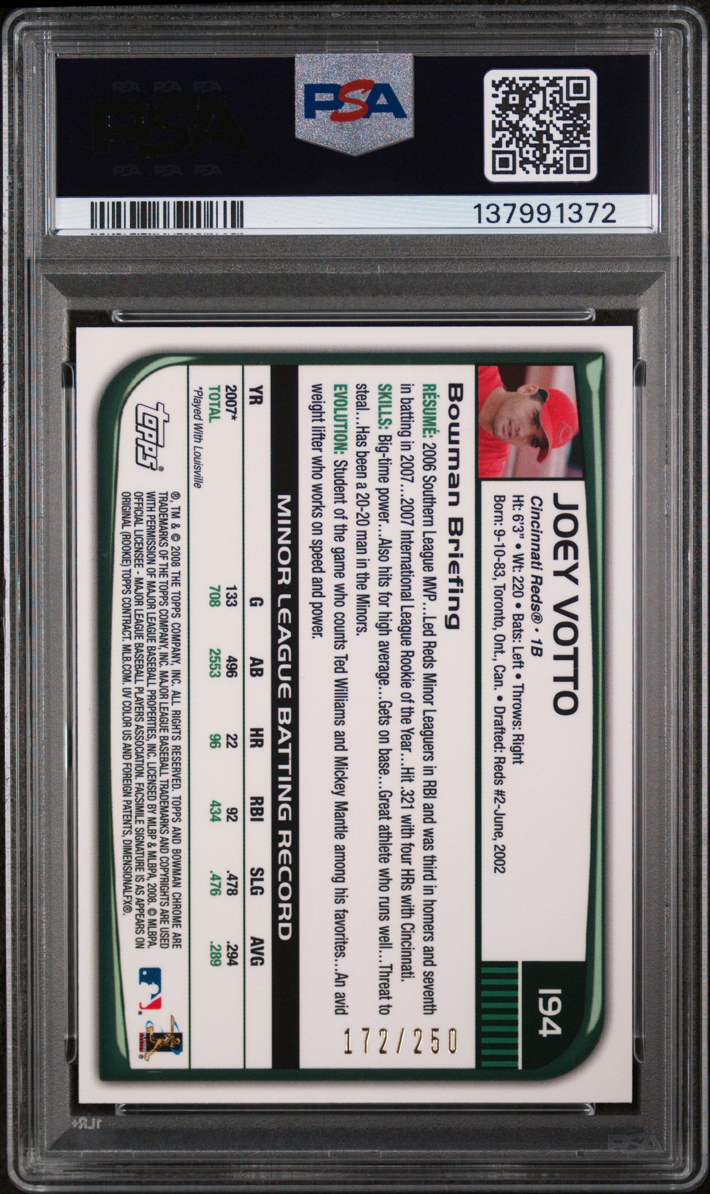 2008 Bowman Chrome Xfractor Joey Votto #194 /250 PSA 10