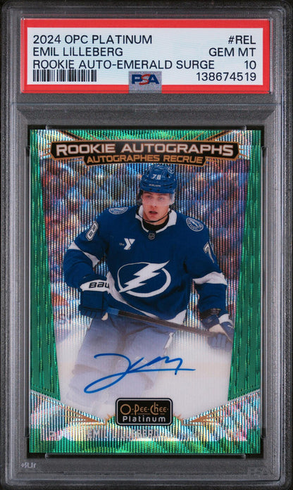 2024 Upper Deck O-Pee-Chee Platinum Rookie Autographs Emerald Surge Emil Lilleberg #REL /10 PSA 10 138674519