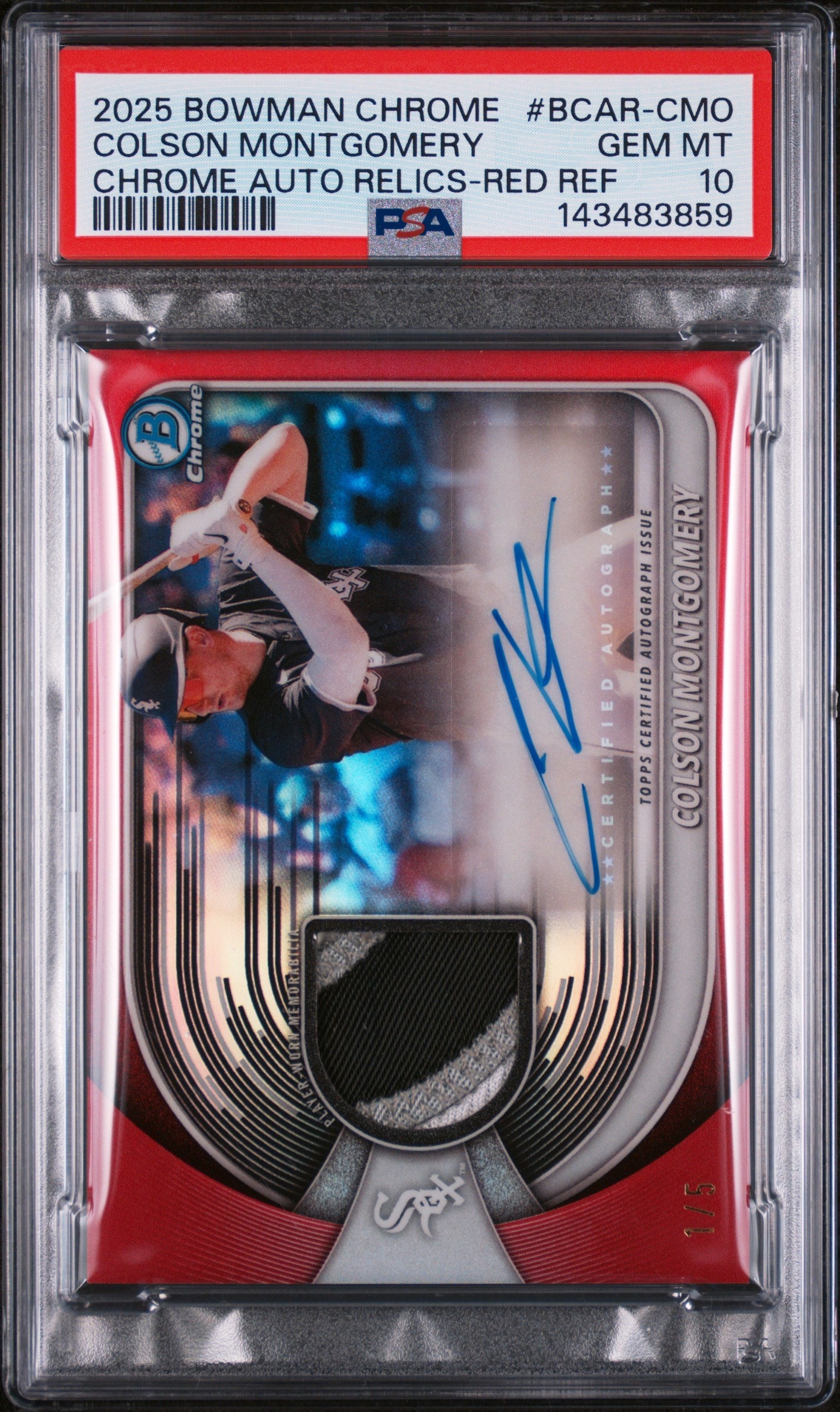 2025 Bowman Chrome Chrome Autograph Relics Chrome Auto Relics-Red Ref Colson Montgomery #BCAR-CMO /5 PSA 10