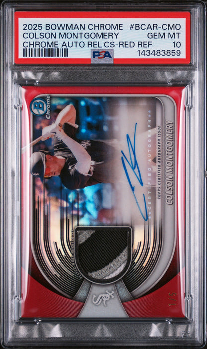 2025 Bowman Chrome Chrome Autograph Relics Chrome Auto Relics-Red Ref Colson Montgomery #BCAR-CMO /5 PSA 10