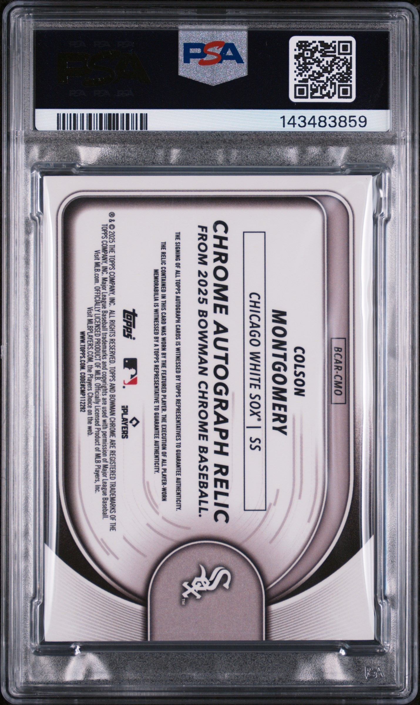 2025 Bowman Chrome Chrome Autograph Relics Chrome Auto Relics-Red Ref Colson Montgomery #BCAR-CMO /5 PSA 10