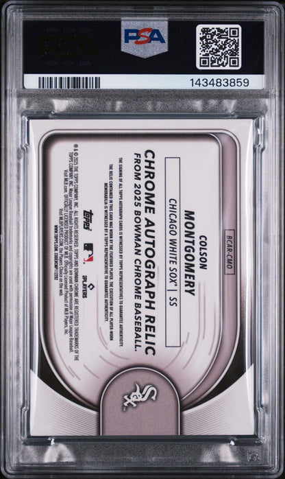 2025 Bowman Chrome Chrome Autograph Relics Chrome Auto Relics-Red Ref Colson Montgomery #BCAR-CMO /5 PSA 10