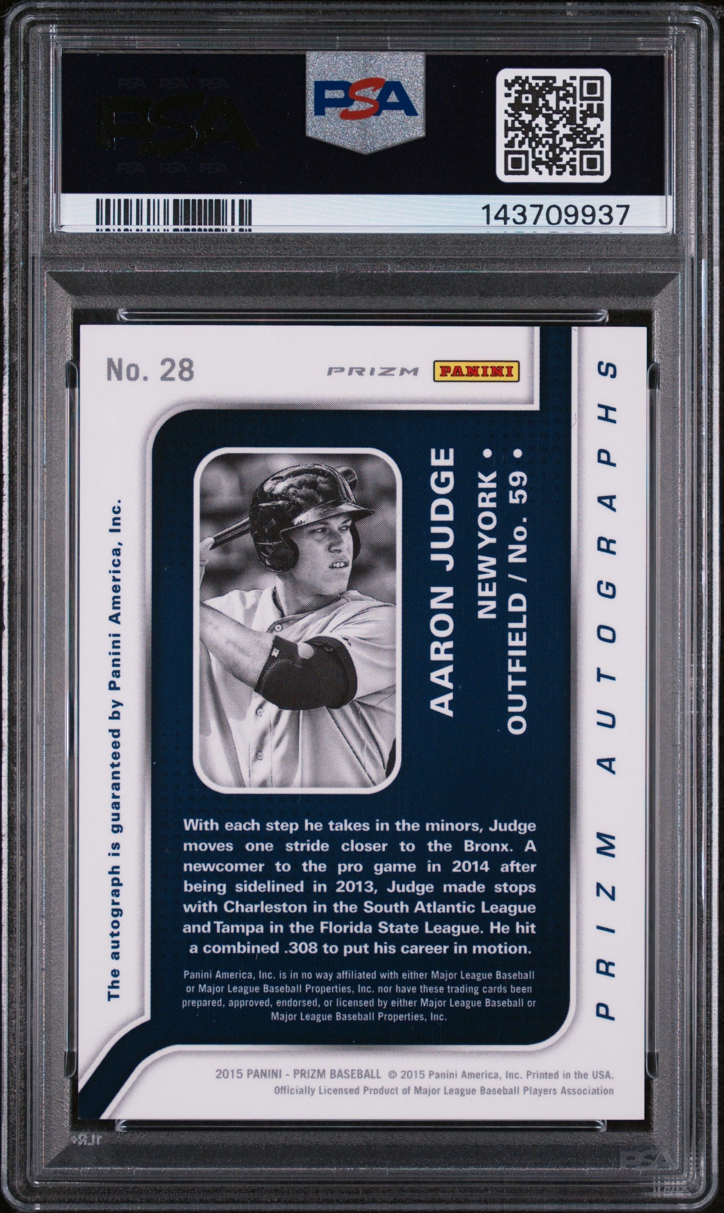 2015 Panini Prizm Autograph Prizms Red Power Aaron Judge #28 /125 PSA 9 143709937