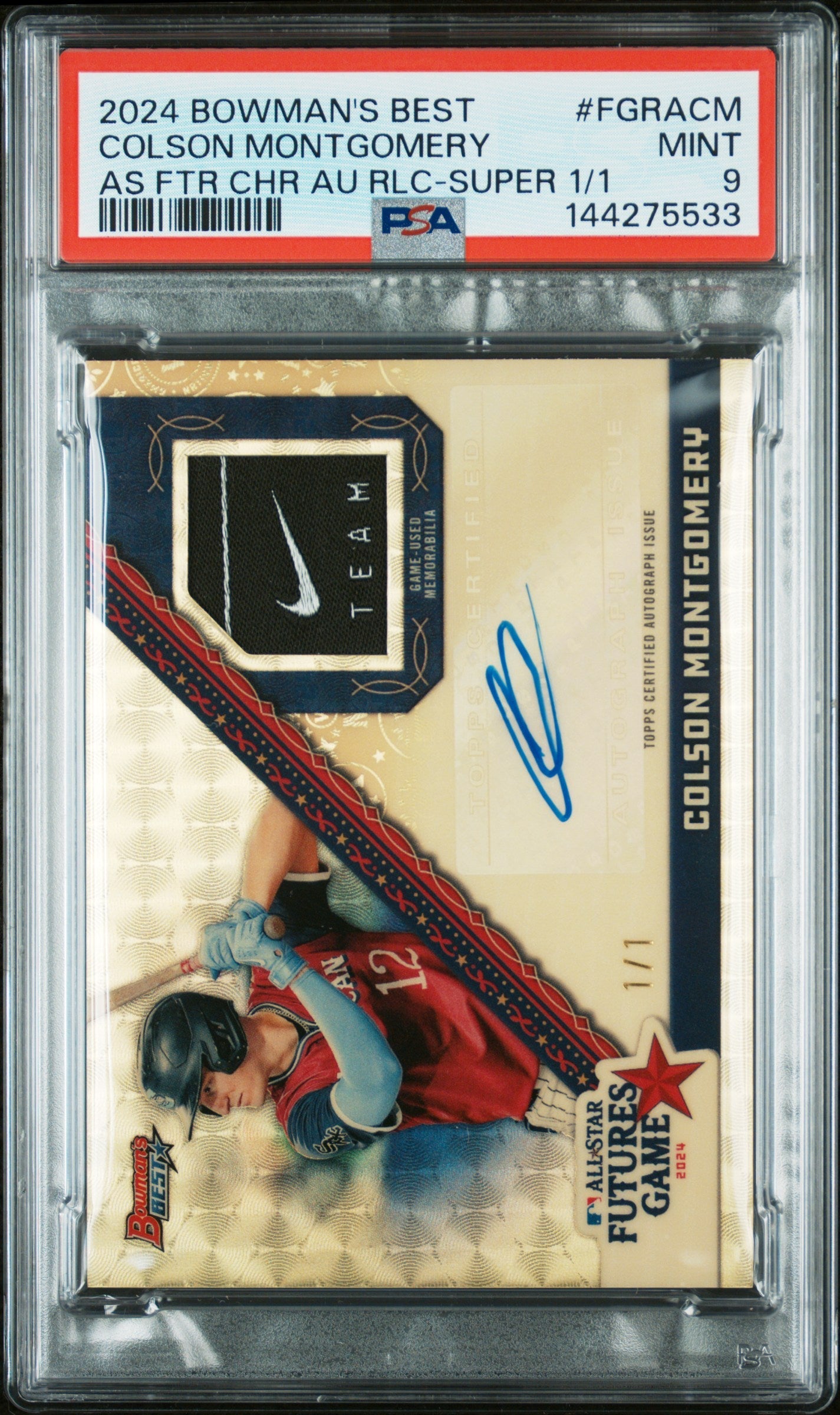 2024 Bowman's Best 2024 MLB All-Star Futures Game Chrome Autograph Relics Superfractor 1/1 Colson Montgomery #FGRACM PSA 9