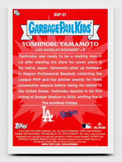 2024 Topps GPK #BGP-21 Dodging Yoshinobu Yamamoto Mega Box Mojo SSP Rookie RC