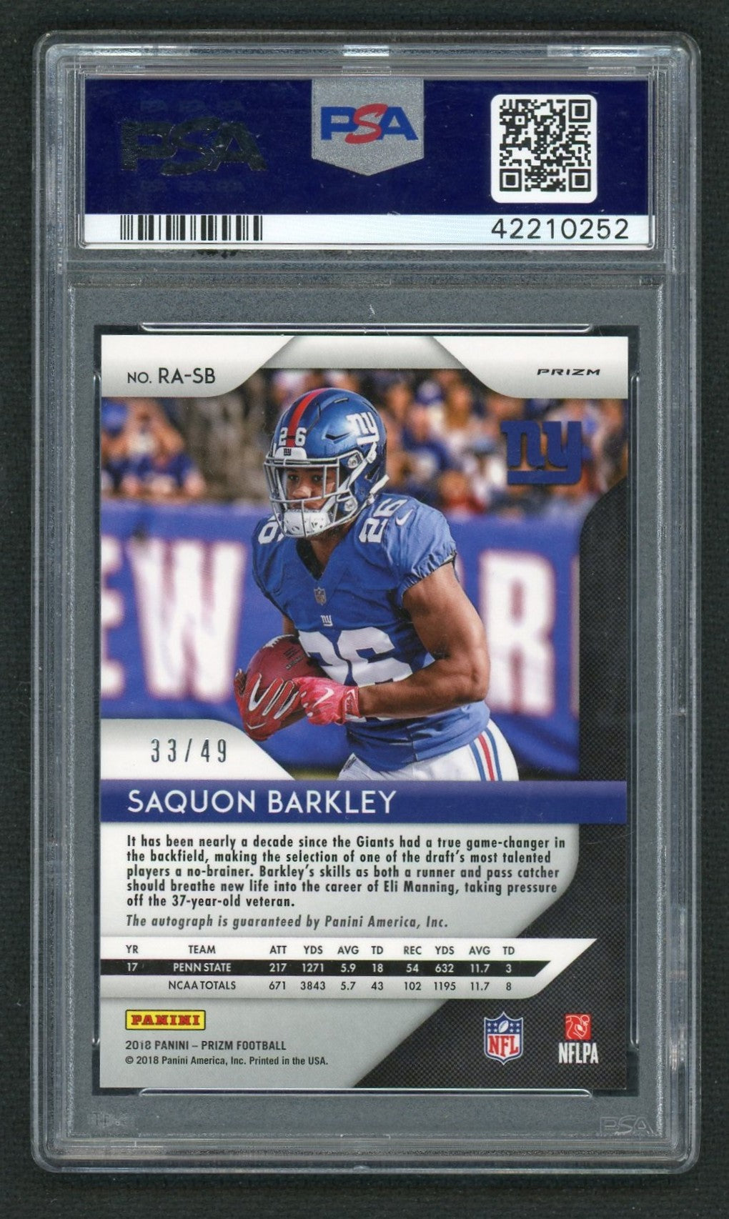 2018 Panini Prizm Rookie Autographs Purple Power Prizm Saquon Barkley #2 /49 PSA 9