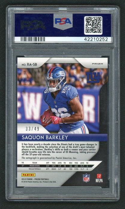 2018 Panini Prizm Rookie Autographs Purple Power Prizm Saquon Barkley #2 /49 PSA 9