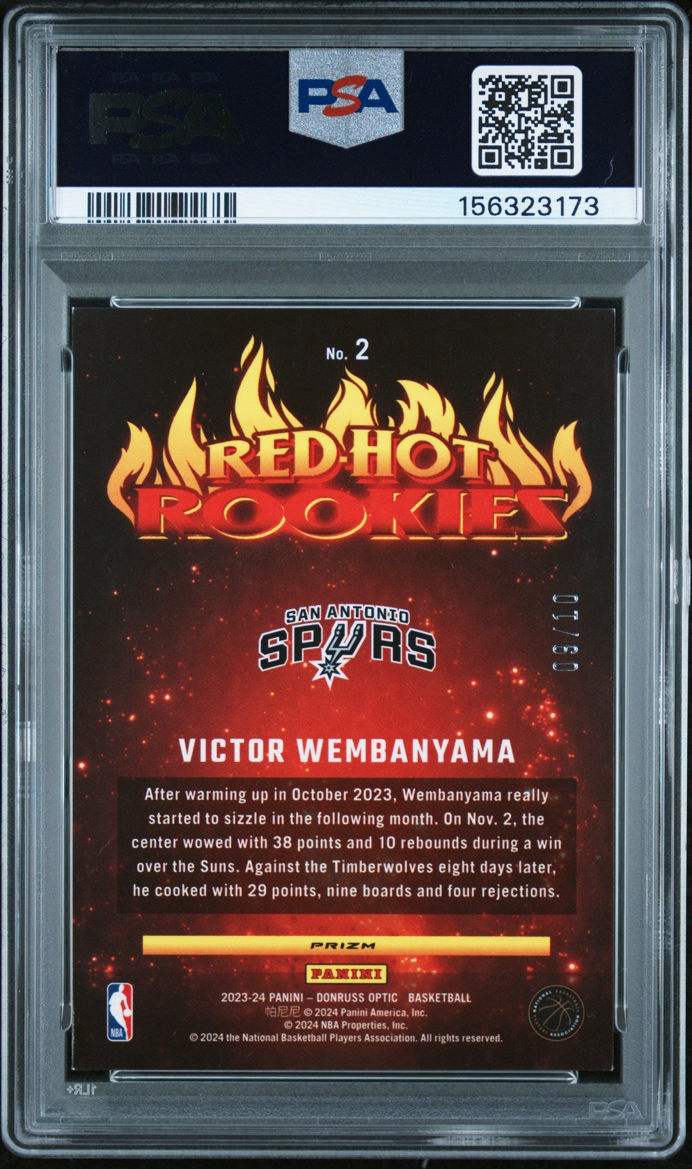 2023 Panini Donruss Optic Red Hot Rookies Gold Victor Wembanyama #2 /70 PSA 7