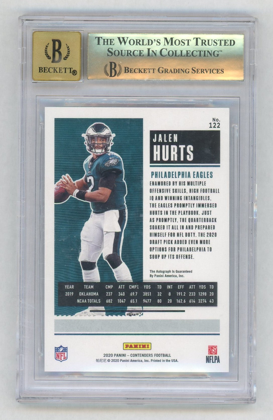 2020 Panini Contenders #122 Jalen Hurts Wild Card Rookie Ticket Auto BGS 9.5/Auto Grade 10