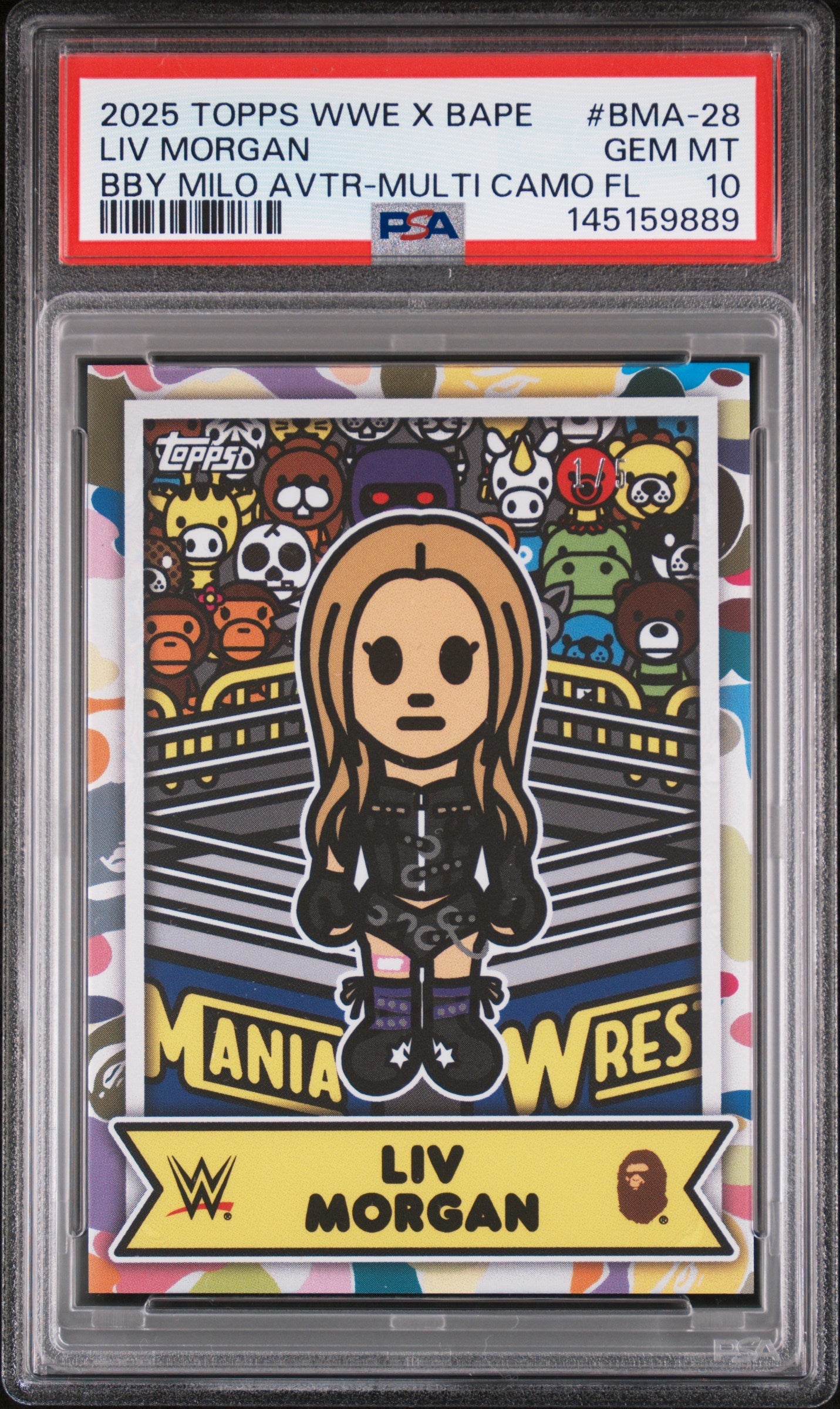 2025 Topps WWE X Bape Baby Milo Avatar Multi Camo Foil Liv Morgan #BMA-28 PSA 10