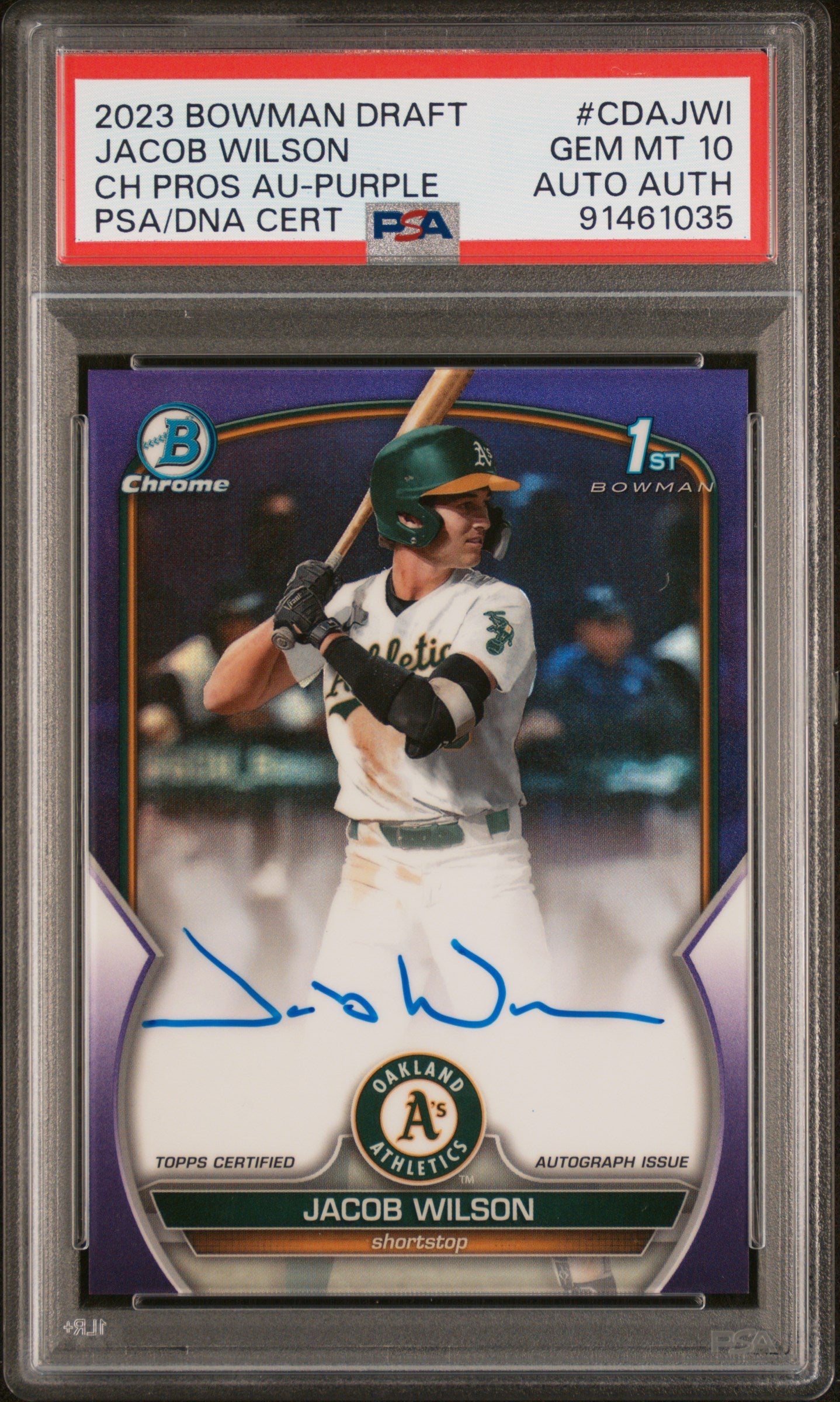 2023 Bowman Draft Chrome Prospect Autograph Purple Refractor Jacob Wilson #CDA-JWI /250 PSA 10