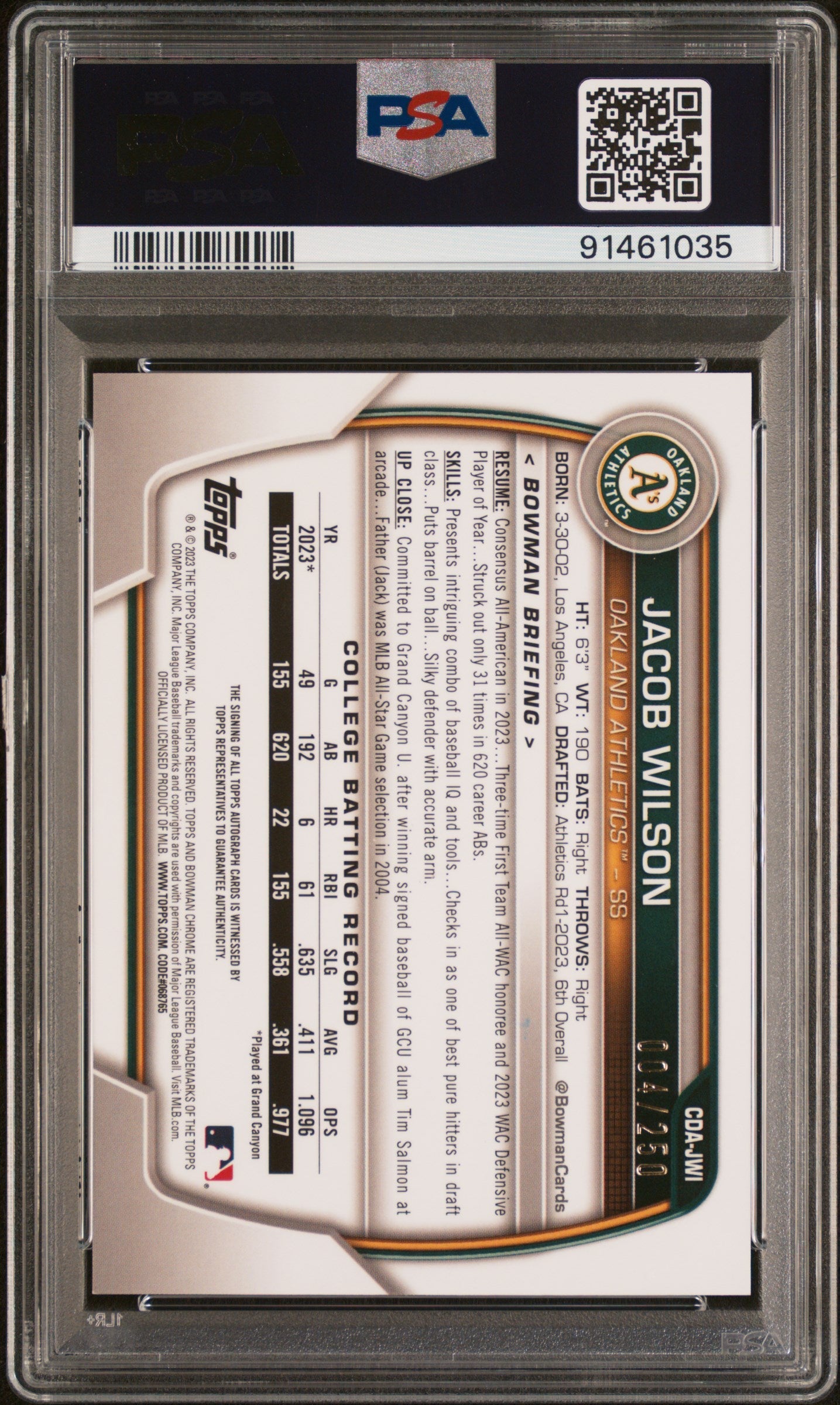 2023 Bowman Draft Chrome Prospect Autograph Purple Refractor Jacob Wilson #CDA-JWI /250 PSA 10