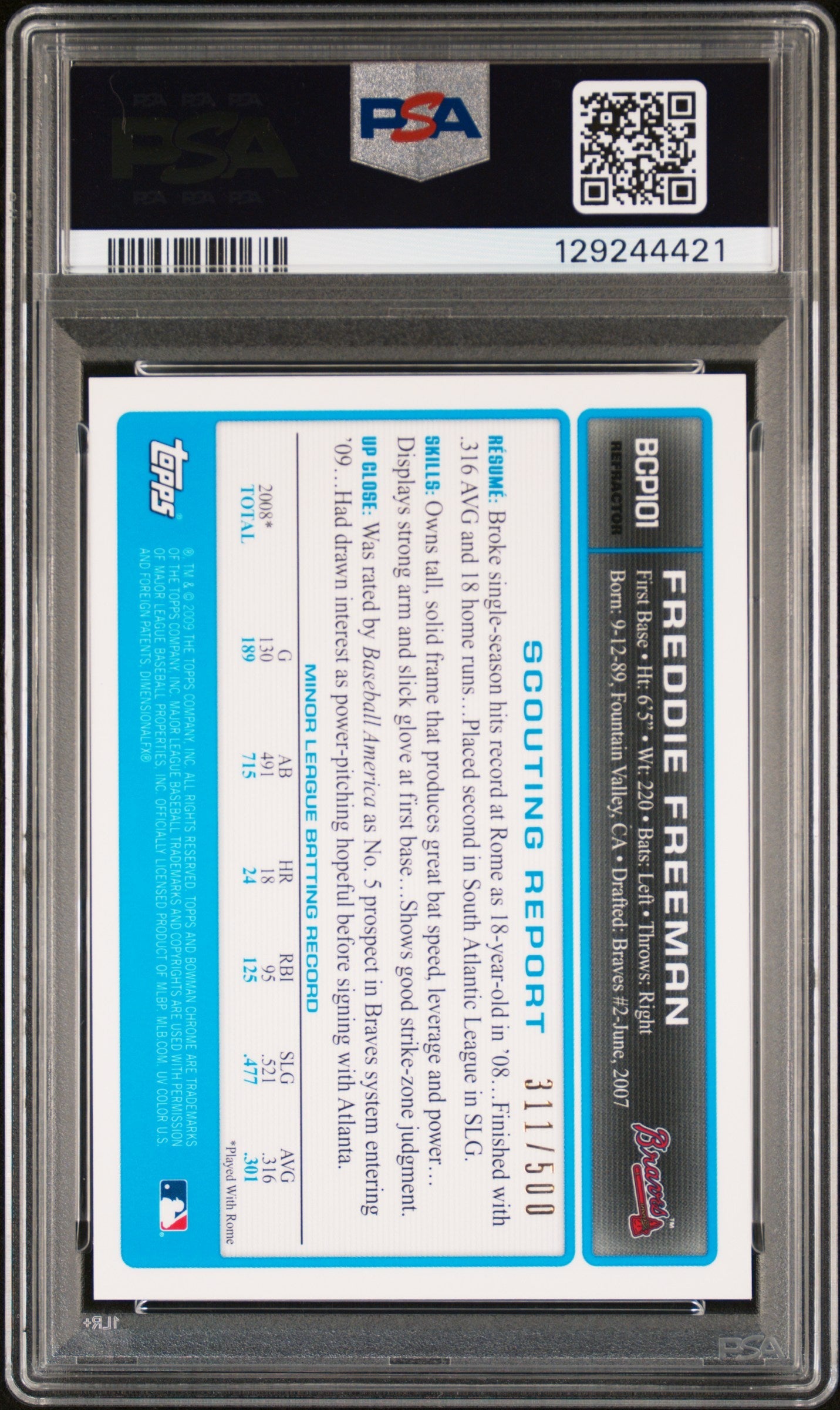 2009 Bowman Chrome Prospect Autograph Refractor Freddie Freeman #BCP101 /500 PSA 9