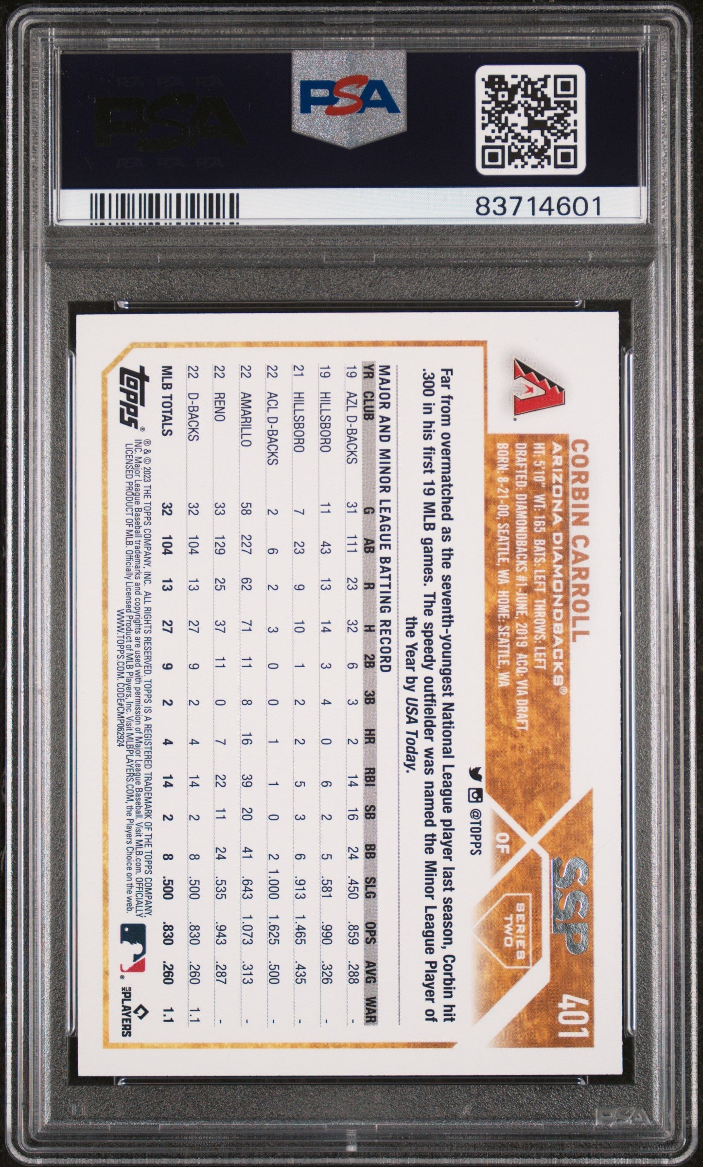 2023 Topps Base Set Photo Variation Corbin Carroll #401 PSA 10