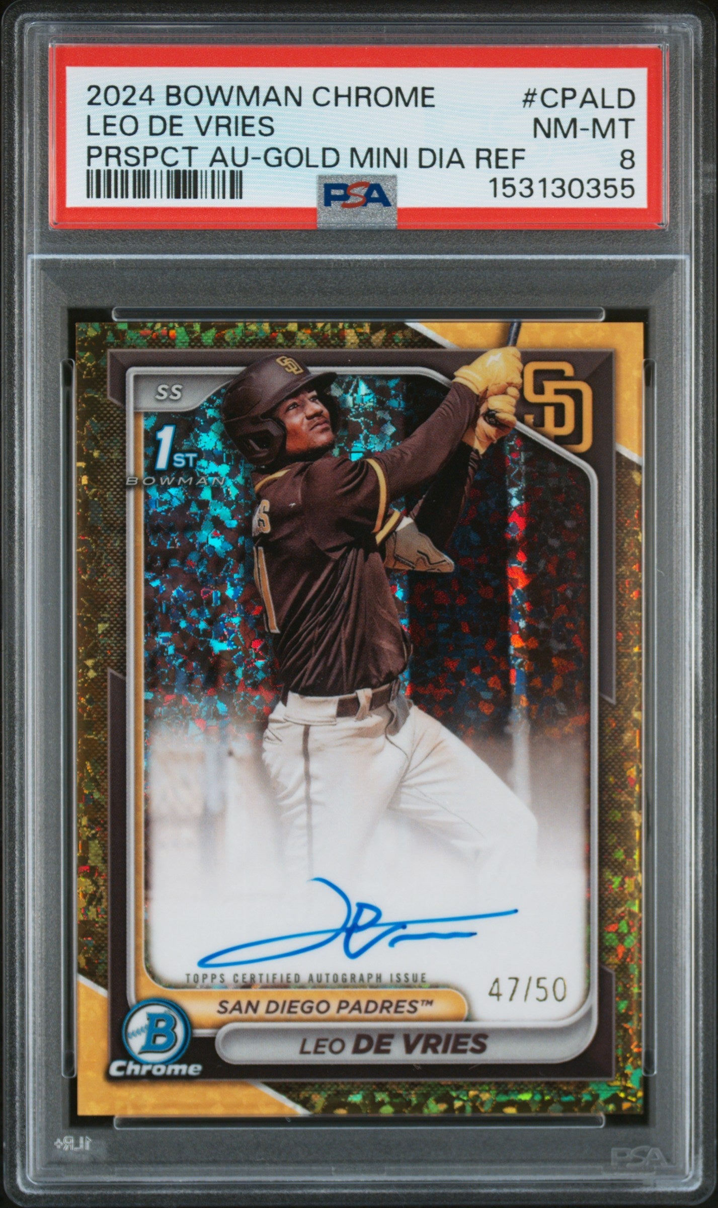 2024 Bowman Chrome Prospect Autographs Prspct Au-Gold Mini Dia Ref Leo De Vries #CPALD /50 PSA 8
