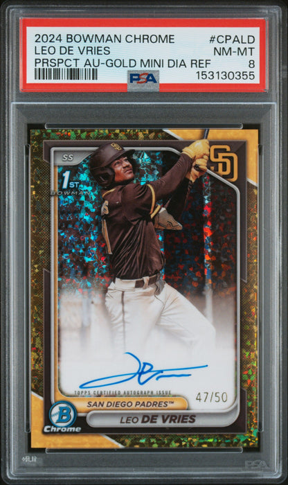 2024 Bowman Chrome Prospect Autographs Prspct Au-Gold Mini Dia Ref Leo De Vries #CPALD /50 PSA 8