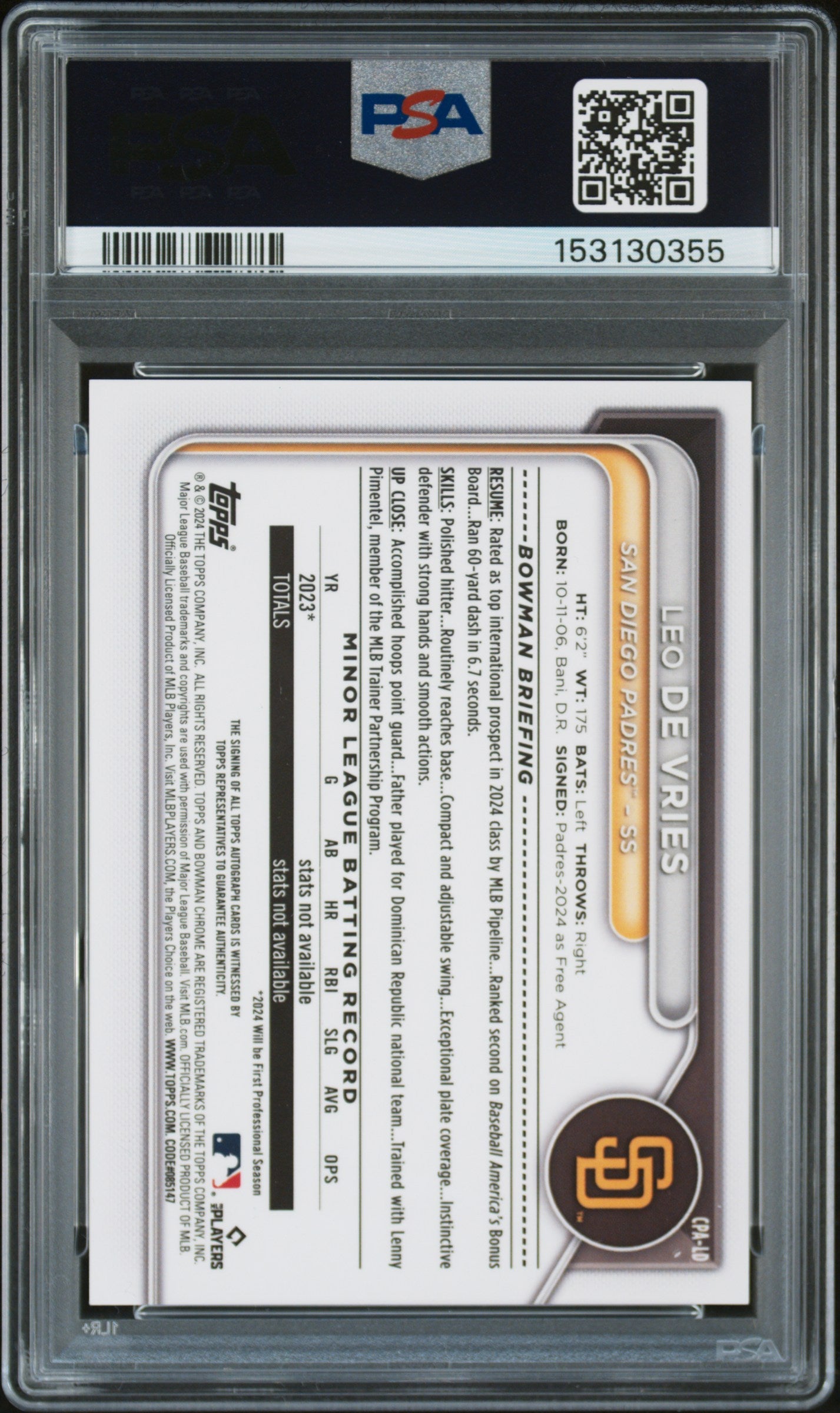 2024 Bowman Chrome Prospect Autographs Prspct Au-Gold Mini Dia Ref Leo De Vries #CPALD /50 PSA 8