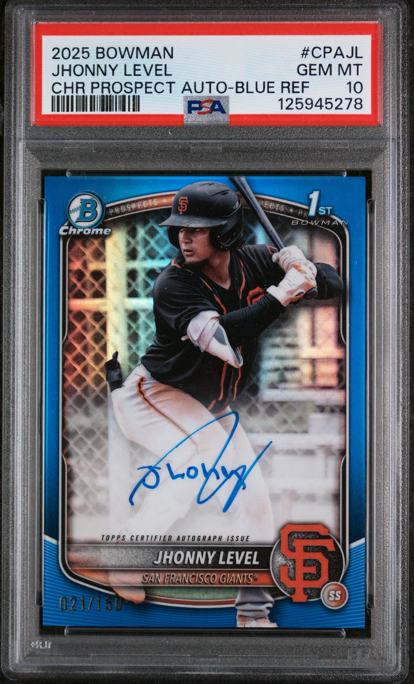 2025 Bowman Chrome Prospect Autograph Blue Refractor Jhonny Level #CPAJL /150 PSA 10