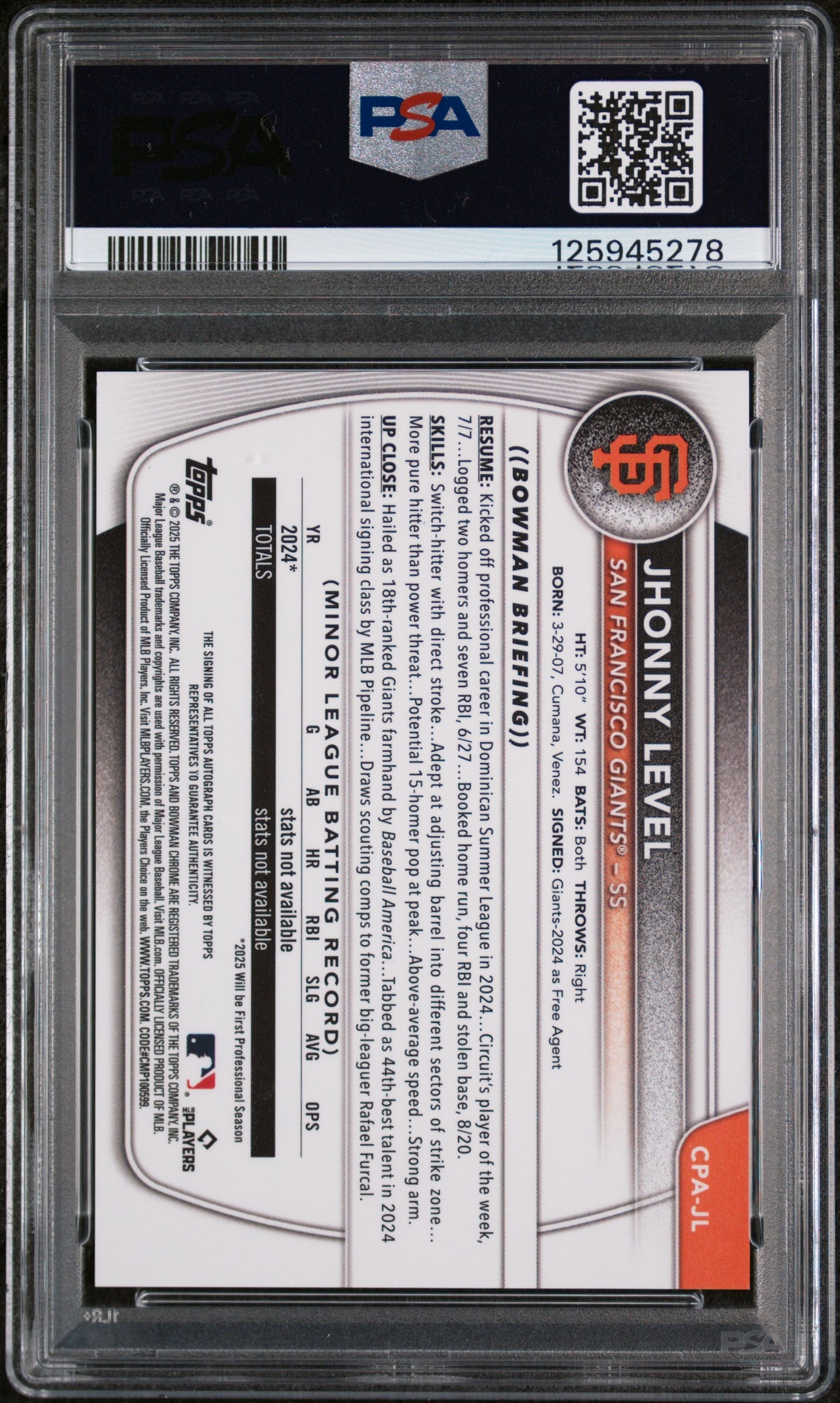 2025 Bowman Chrome Prospect Autograph Blue Refractor Jhonny Level #CPAJL /150 PSA 10