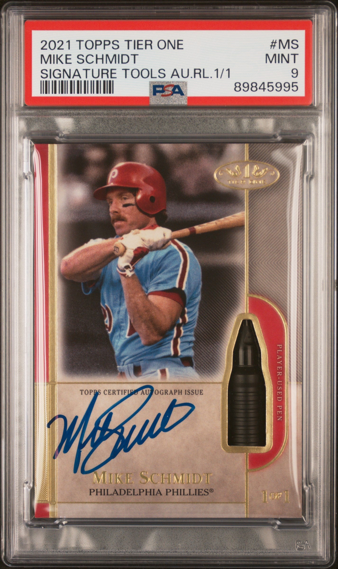 2021 Topps Tier One Signature Tools Autograph Relics 1/1 Signature Tools Au.Rl.1/1 Mike Schmidt #MS PSA 9