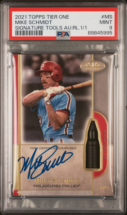 2021 Topps Tier One Signature Tools Autograph Relics 1/1 Signature Tools Au.Rl.1/1 Mike Schmidt #MS PSA 9