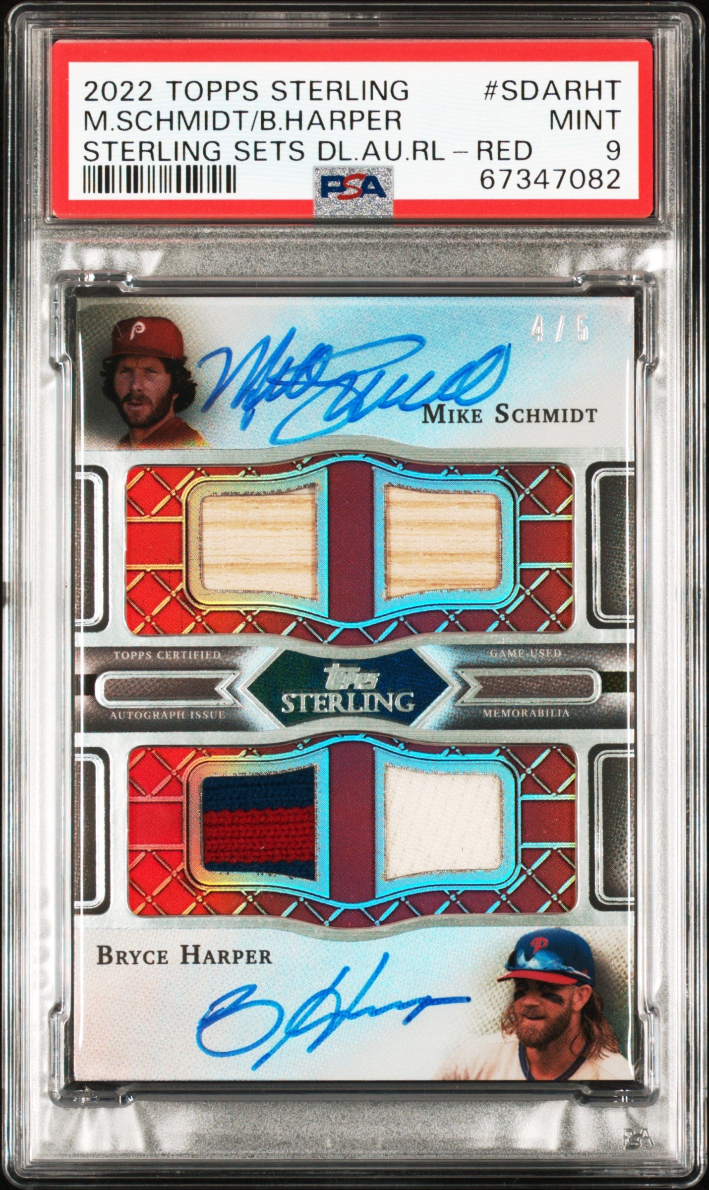 2022 Topps Sterling Sterling Sets Dual Autograph Relics Red Bryce Harper/Mike Schmidt #SDARHT /5 PSA 9