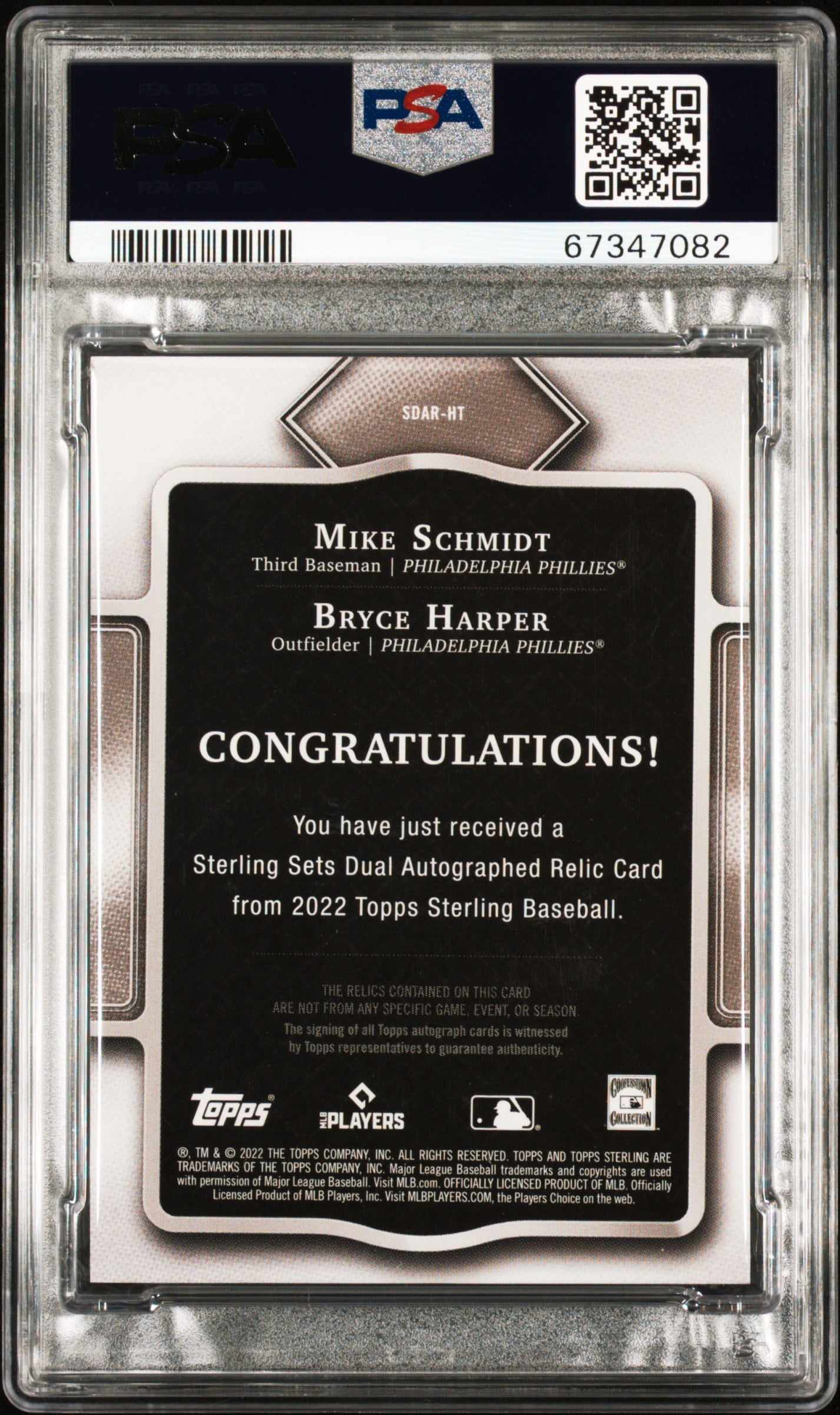 2022 Topps Sterling Sterling Sets Dual Autograph Relics Red Bryce Harper/Mike Schmidt #SDARHT /5 PSA 9