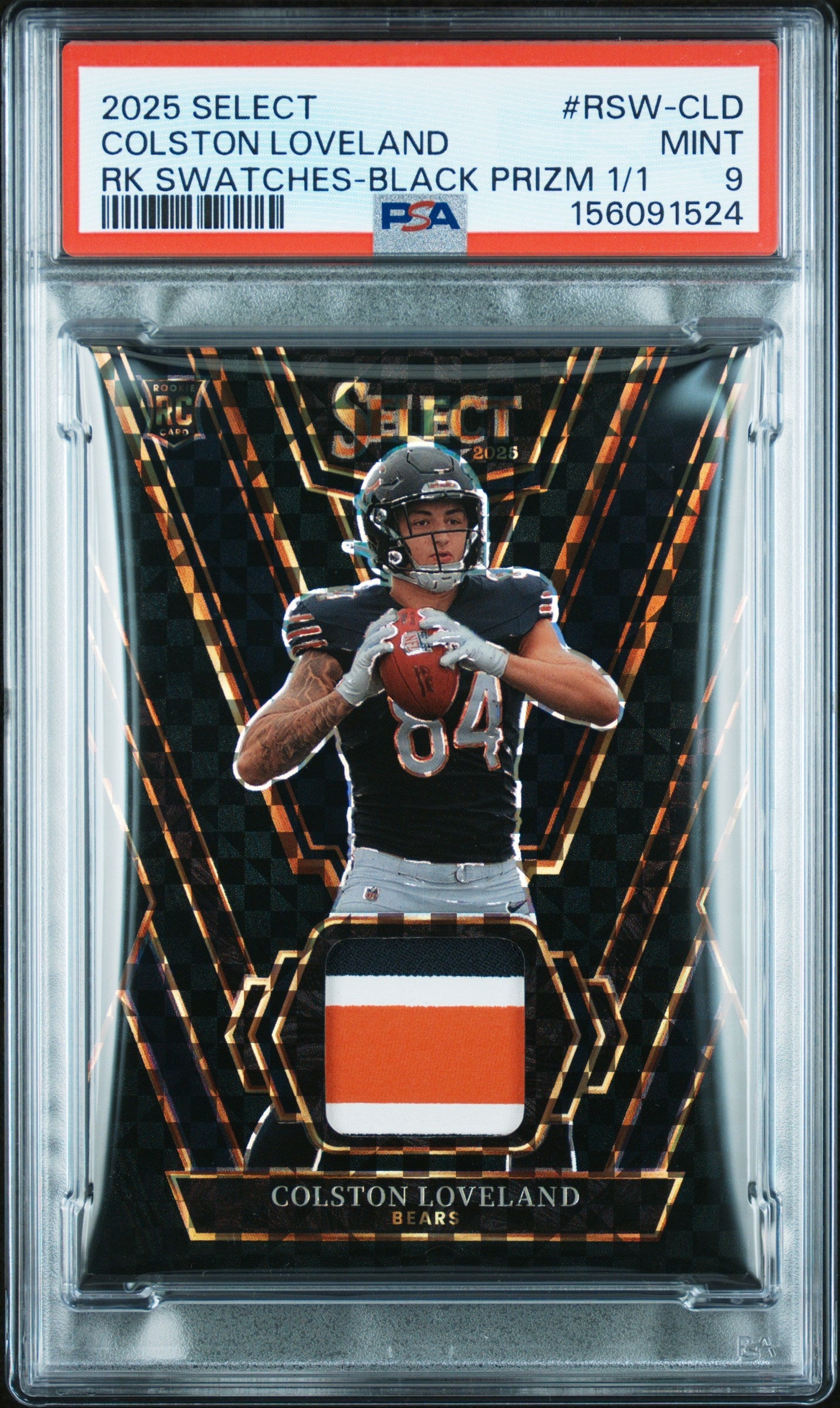 2025 Panini Select Rookie Swatches Rk Swatches-Black Prizm 1/1 Colston Loveland #RSW-CLD PSA 9