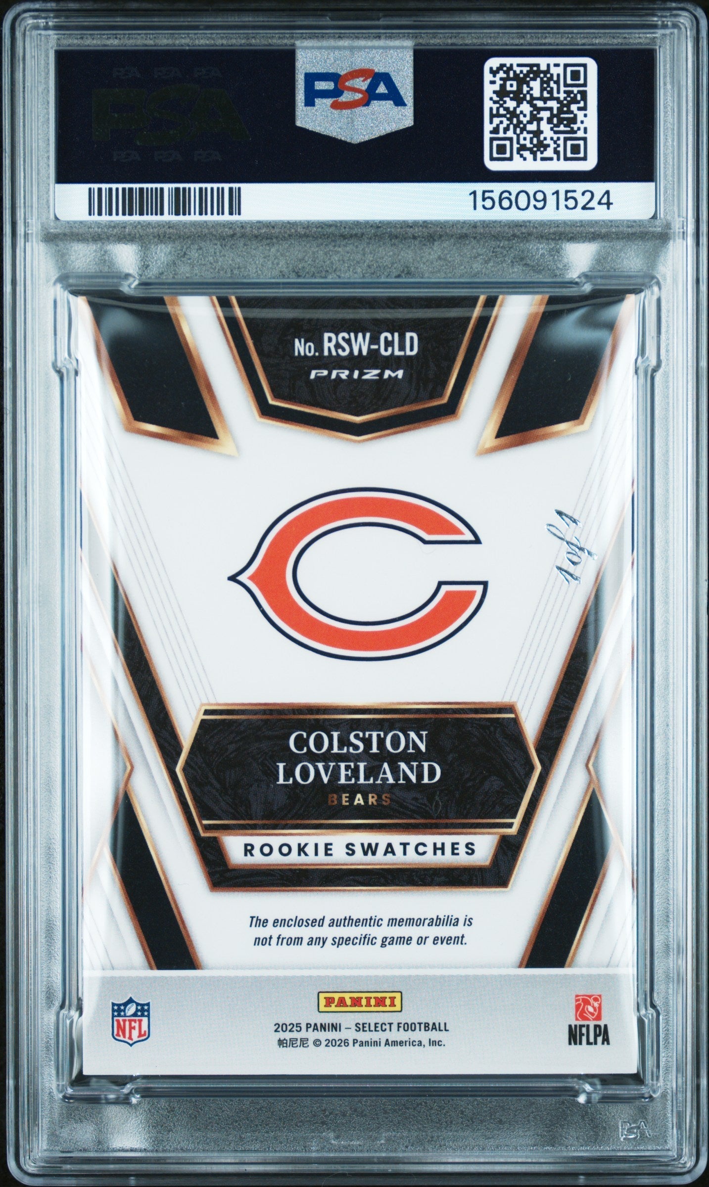 2025 Panini Select Rookie Swatches Rk Swatches-Black Prizm 1/1 Colston Loveland #RSW-CLD PSA 9