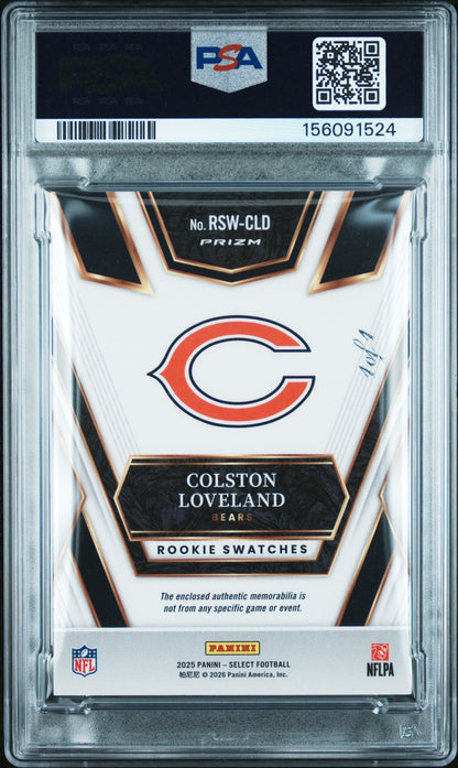 2025 Panini Select Rookie Swatches Rk Swatches-Black Prizm 1/1 Colston Loveland #RSW-CLD PSA 9