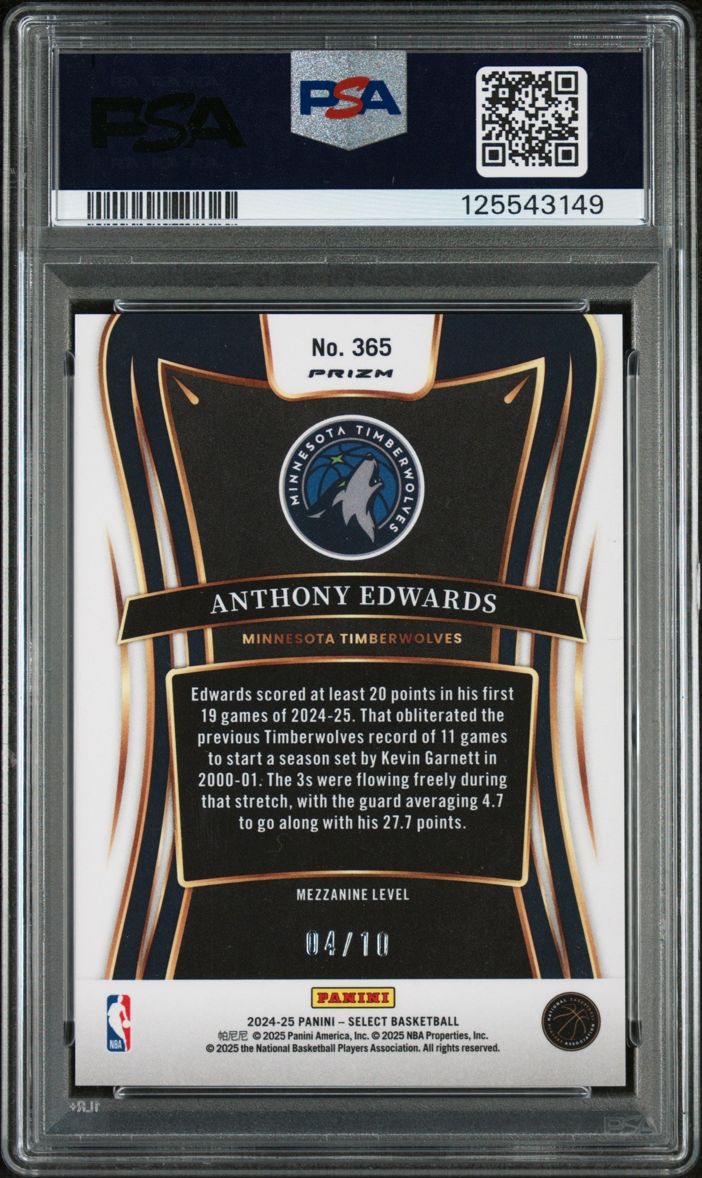 2024 Panini Select Gold Flash Anthony Edwards #365 /10 PSA 10